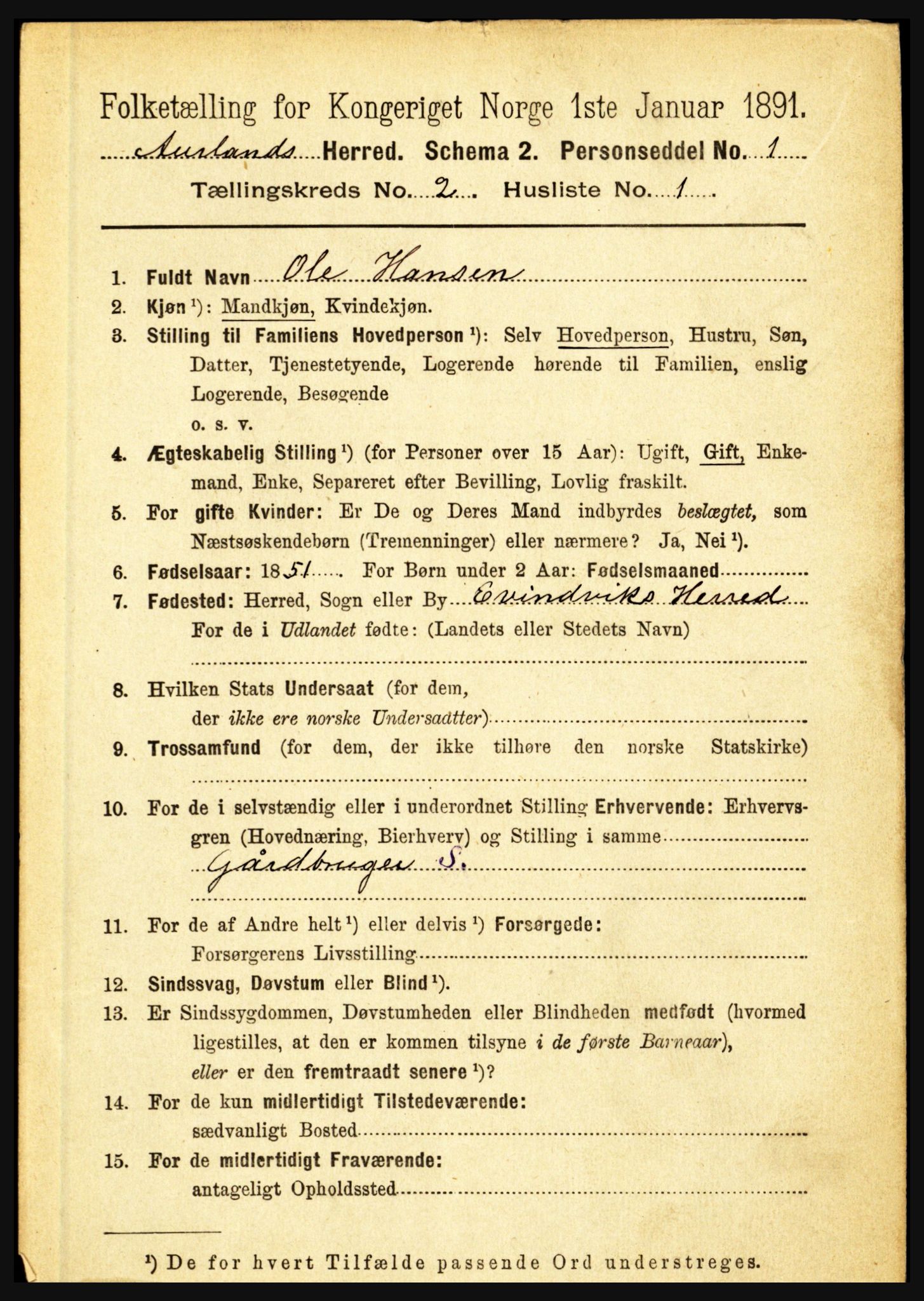 RA, 1891 census for 1421 Aurland, 1891, p. 487