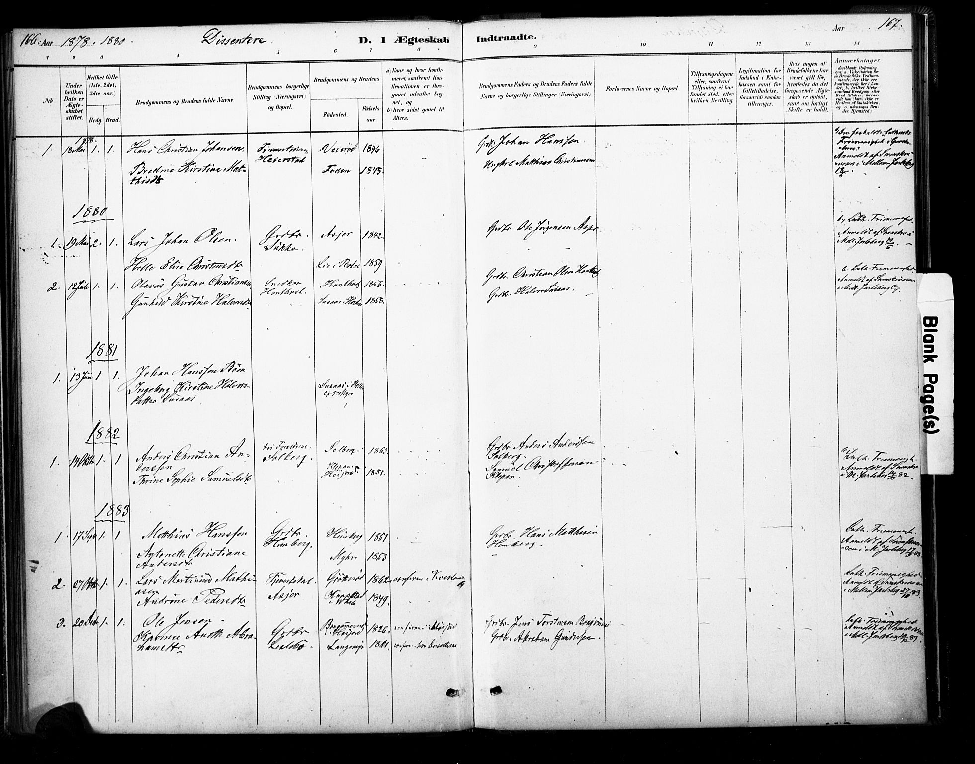 Ramnes kirkebøker, SAKO/A-314/F/Fb/L0001: Parish register (official) no. II 1, 1878-1894, p. 166-167