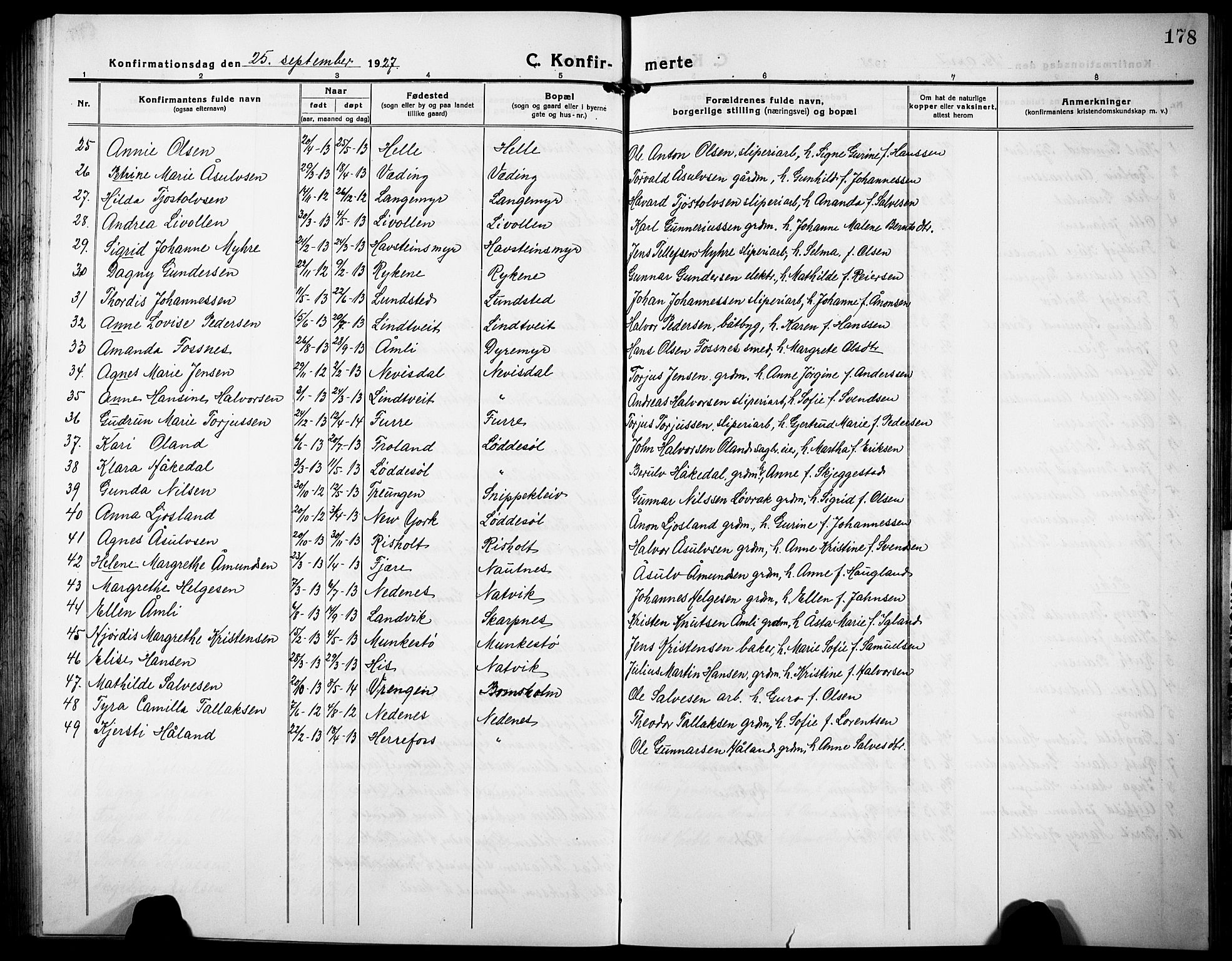 Øyestad sokneprestkontor, SAK/1111-0049/F/Fb/L0012: Parish register (copy) no. B 12, 1919-1932, p. 178