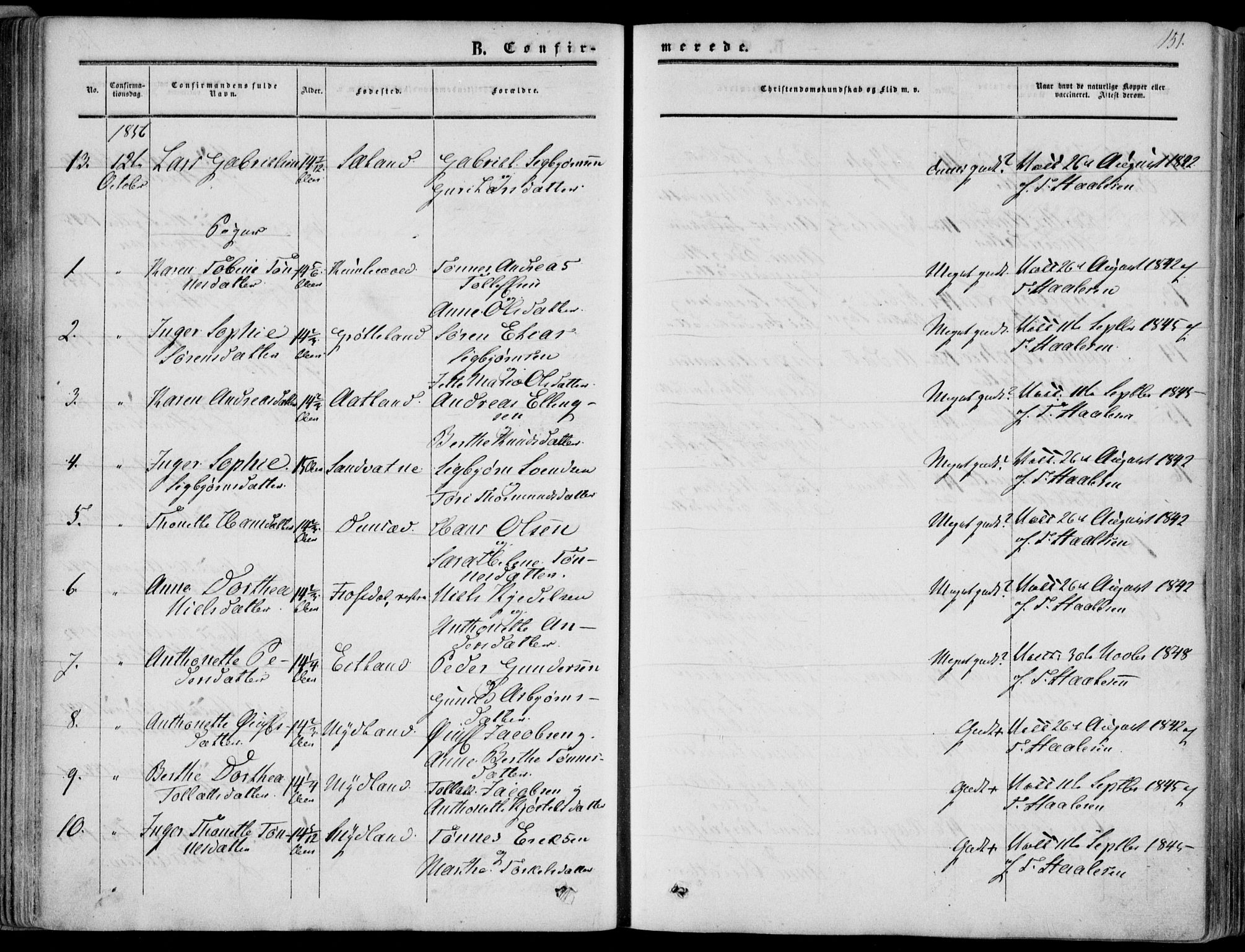 Bakke sokneprestkontor, SAK/1111-0002/F/Fa/Fab/L0002: Parish register (official) no. A 2, 1855-1884, p. 151