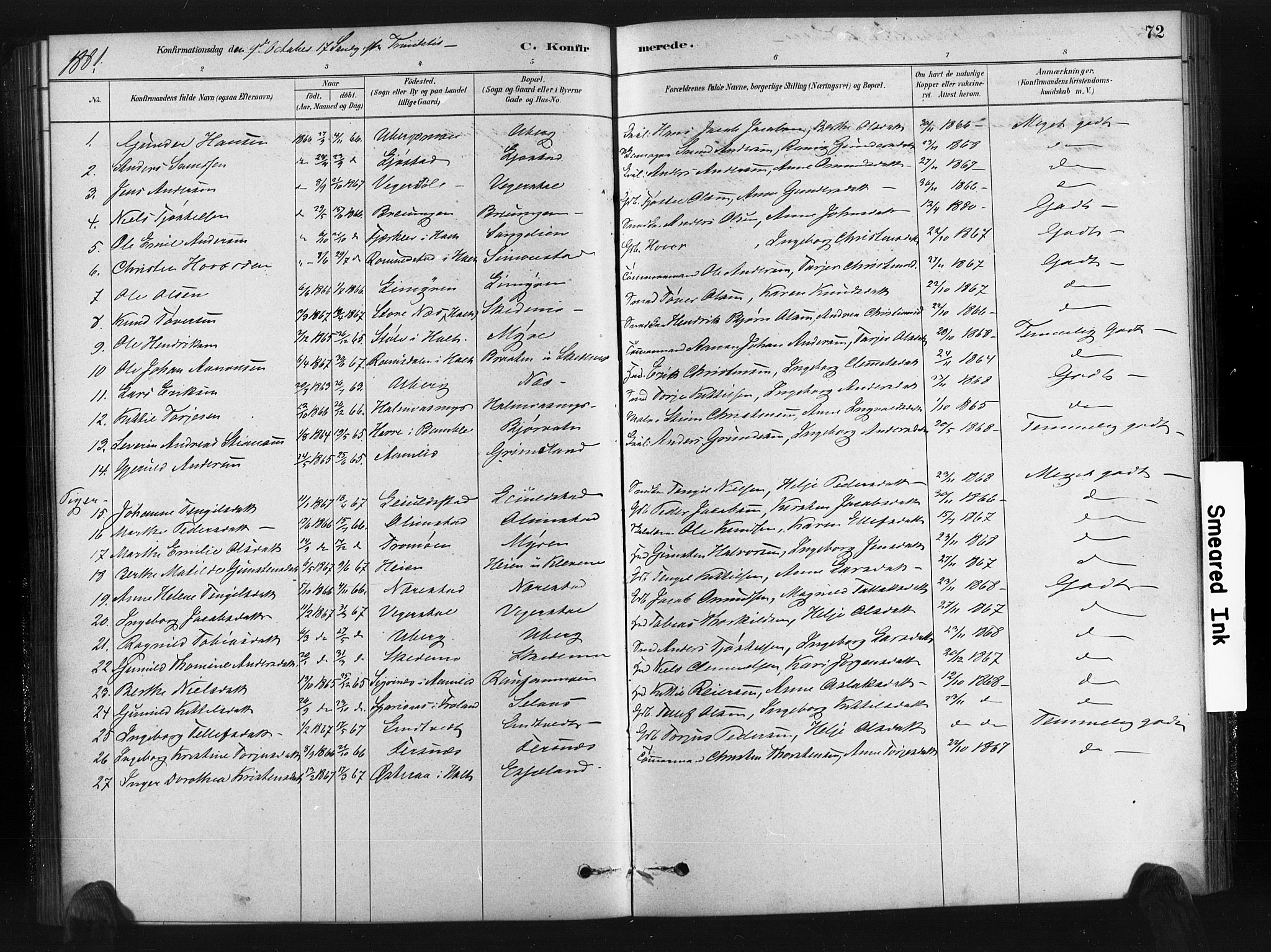 Gjerstad sokneprestkontor, SAK/1111-0014/F/Fa/Fab/L0004: Parish register (official) no. A 4, 1879-1890, p. 72