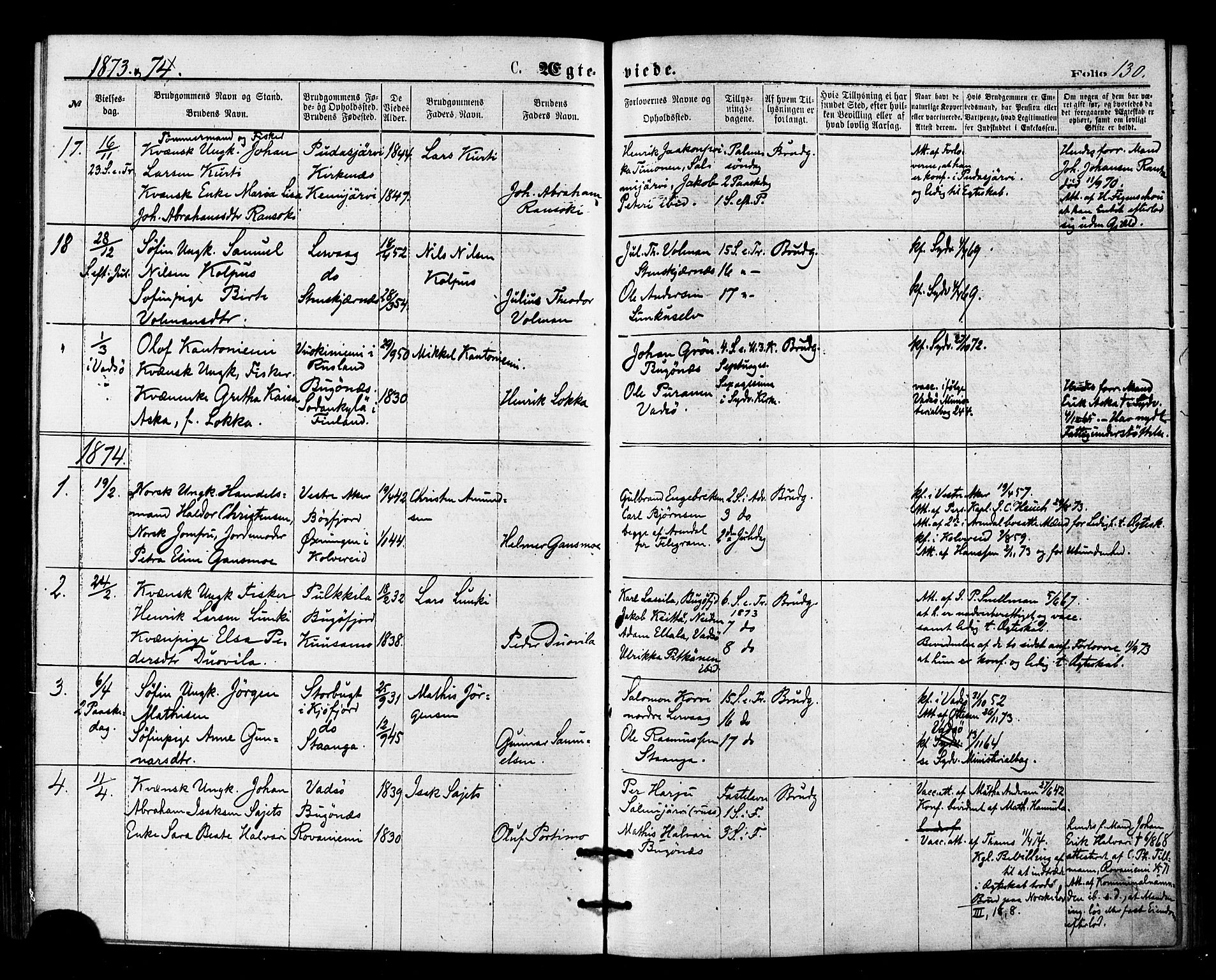 Sør-Varanger sokneprestkontor, AV/SATØ-S-1331/H/Ha/L0002kirke: Parish register (official) no. 2, 1873-1877, p. 130