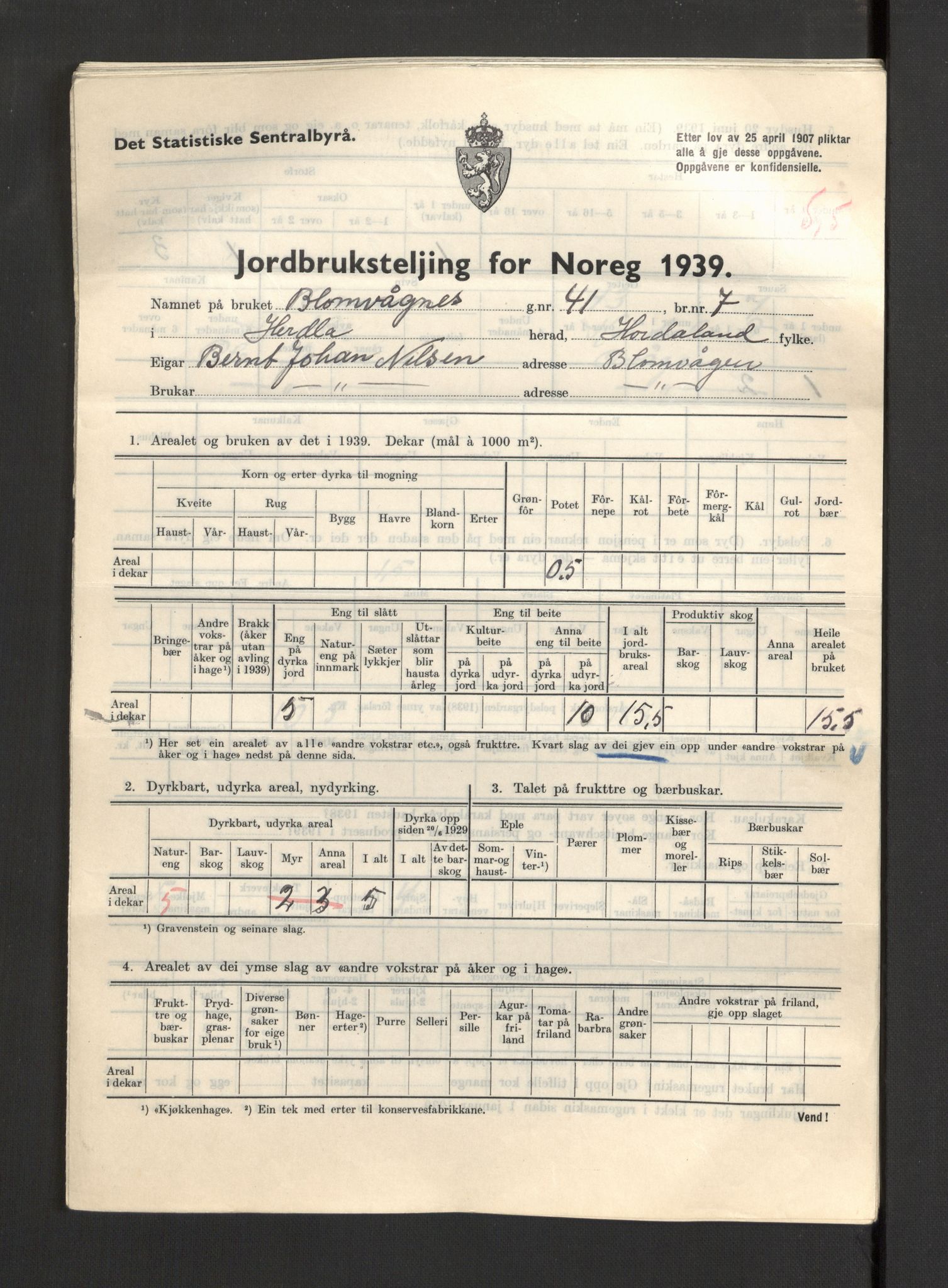 Statistisk sentralbyrå, Næringsøkonomiske emner, Jordbruk, skogbruk, jakt, fiske og fangst, AV/RA-S-2234/G/Gb/L0211: Hordaland: Herdla, Hjelme og Manger, 1939, p. 373