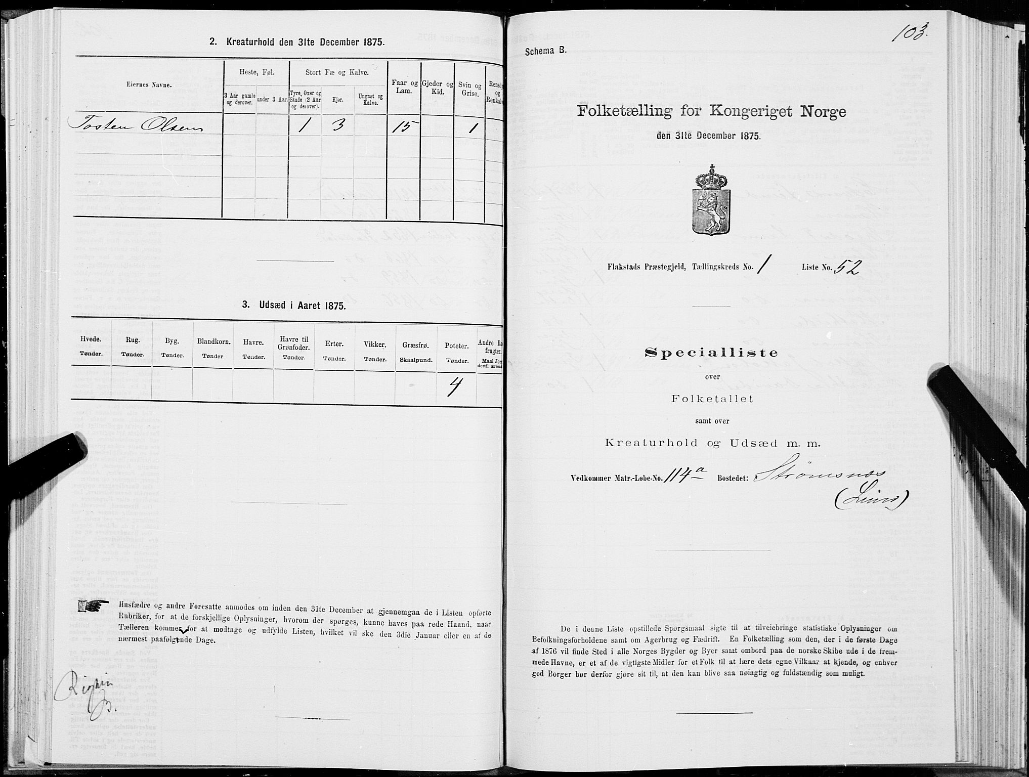 SAT, 1875 census for 1859P Flakstad, 1875, p. 1103