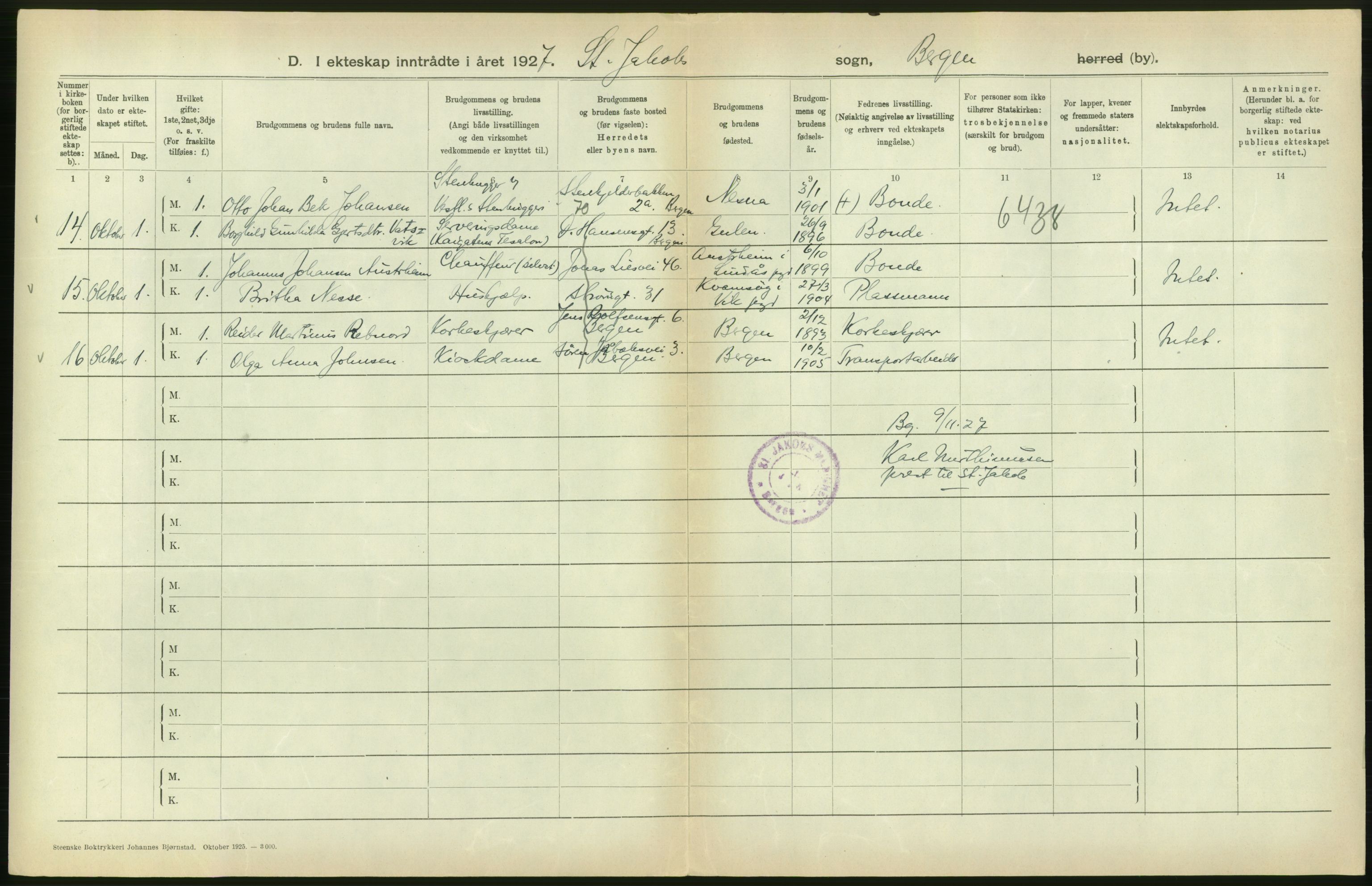 Statistisk sentralbyrå, Sosiodemografiske emner, Befolkning, AV/RA-S-2228/D/Df/Dfc/Dfcg/L0028: Bergen: Gifte, døde., 1927, p. 286