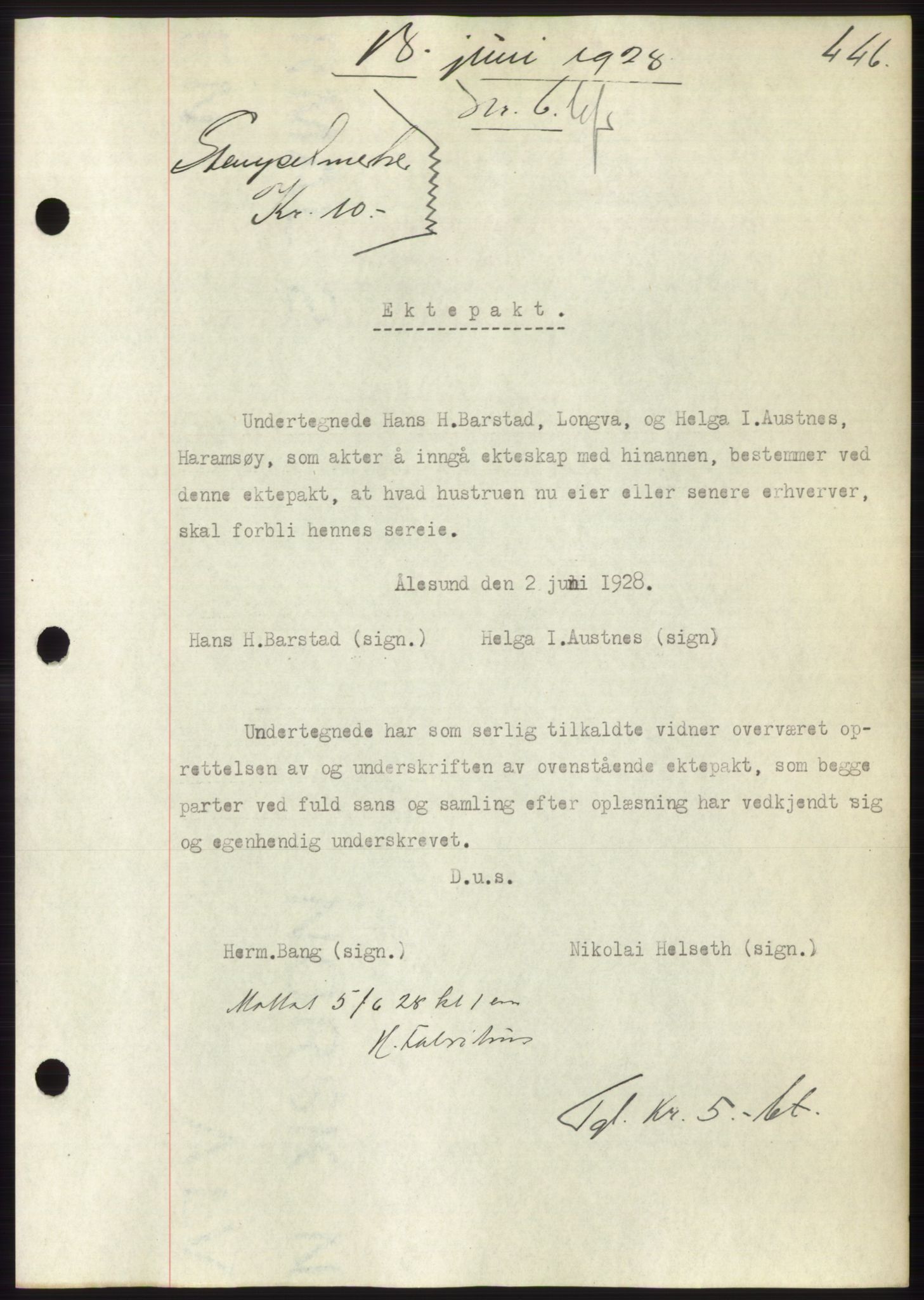 Nordre Sunnmøre sorenskriveri, AV/SAT-A-0006/1/2/2C/2Ca/L0041: Mortgage book no. 41, 1928-1928, Deed date: 18.06.1928