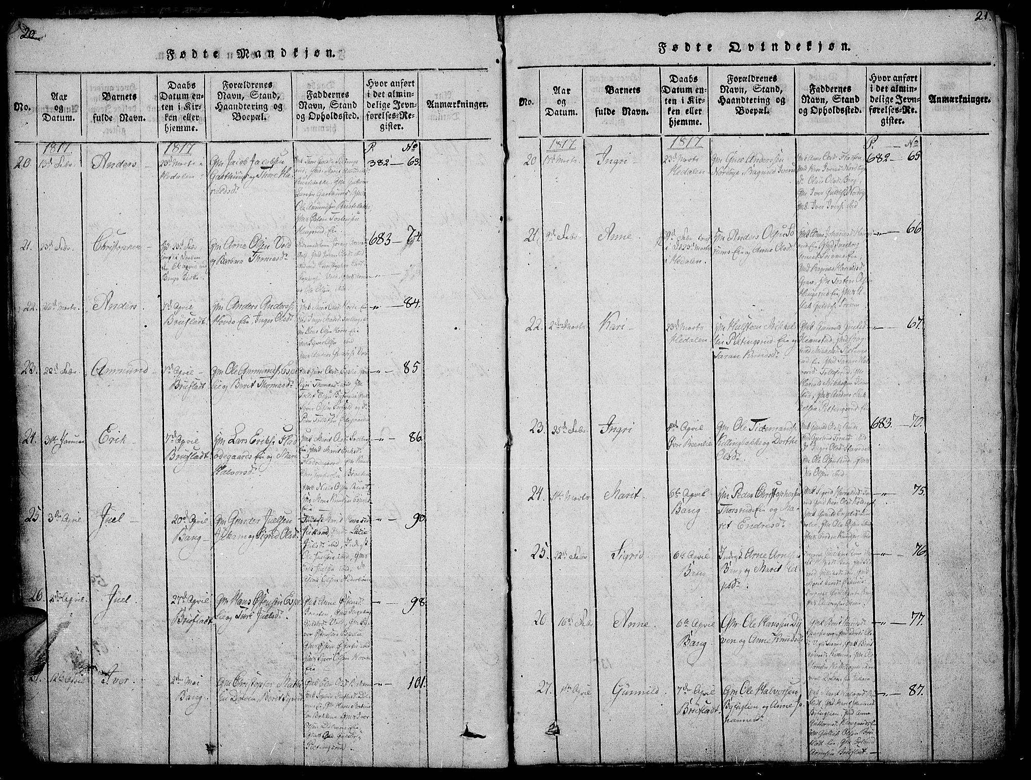 Sør-Aurdal prestekontor, AV/SAH-PREST-128/H/Ha/Haa/L0002: Parish register (official) no. 2, 1815-1840, p. 20-21