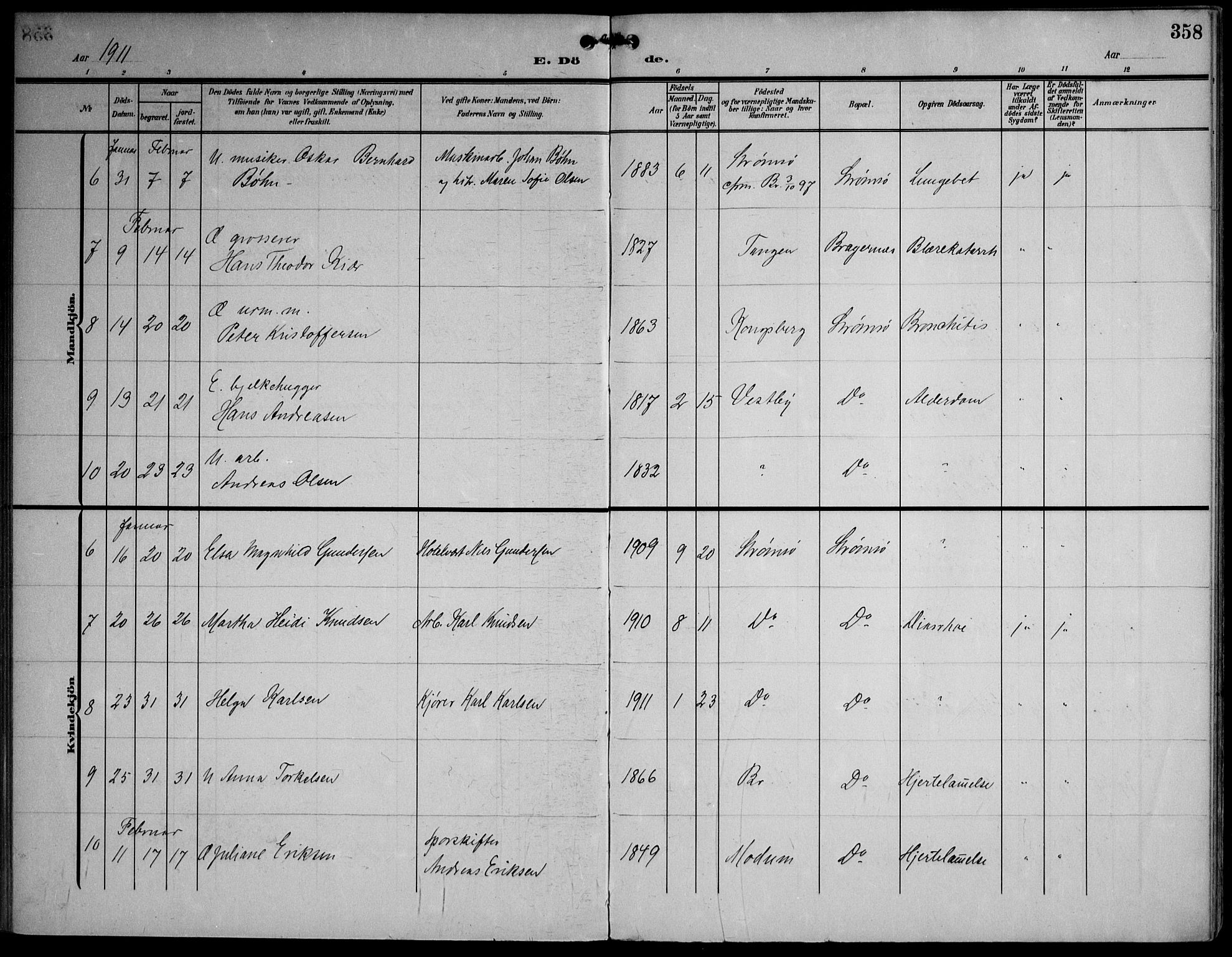 Strømsø kirkebøker, SAKO/A-246/F/Fa/L0026: Parish register (official) no. I 26, 1905-1914, p. 358