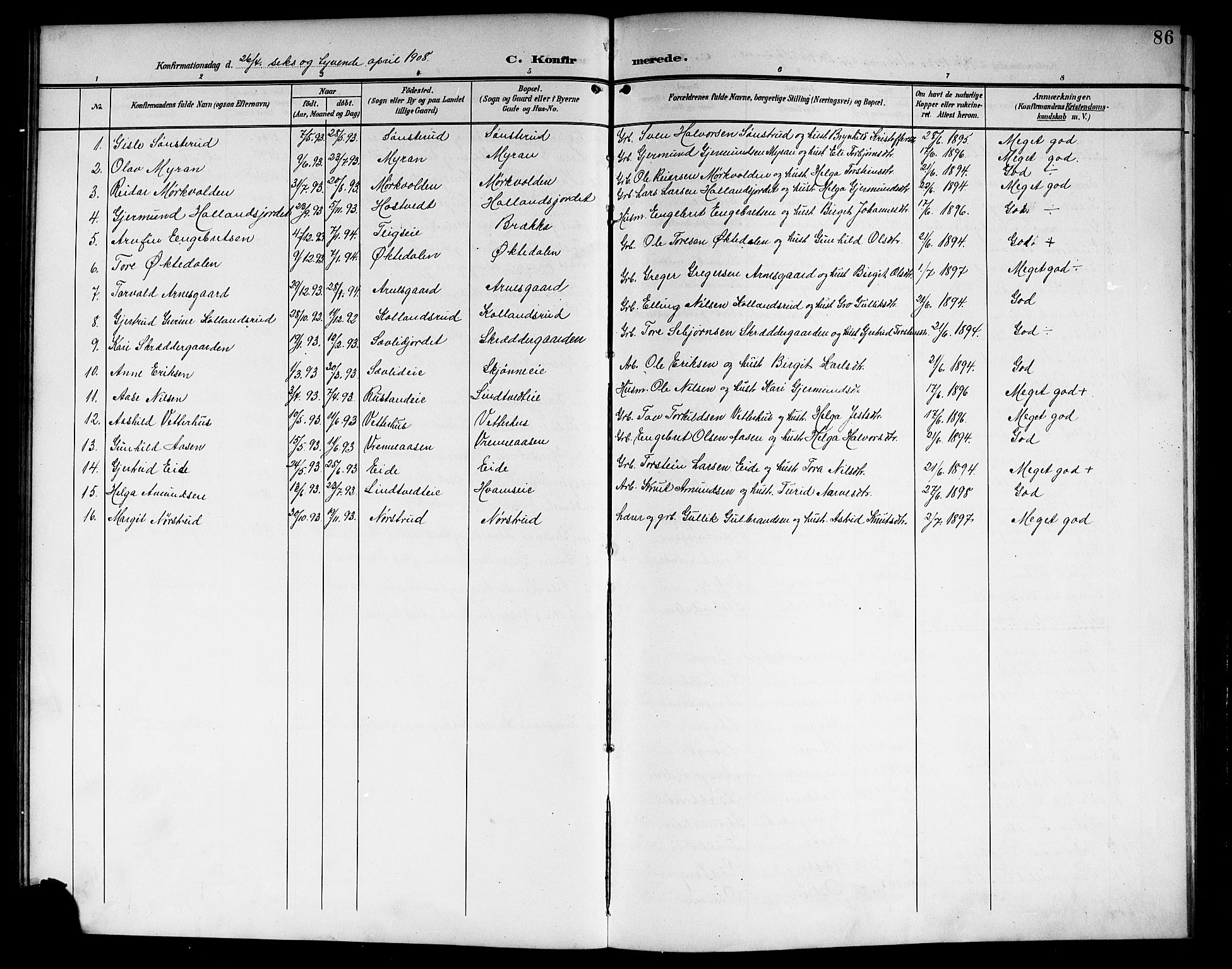Nore kirkebøker, SAKO/A-238/G/Ga/L0004: Parish register (copy) no. I 4, 1904-1919, p. 86