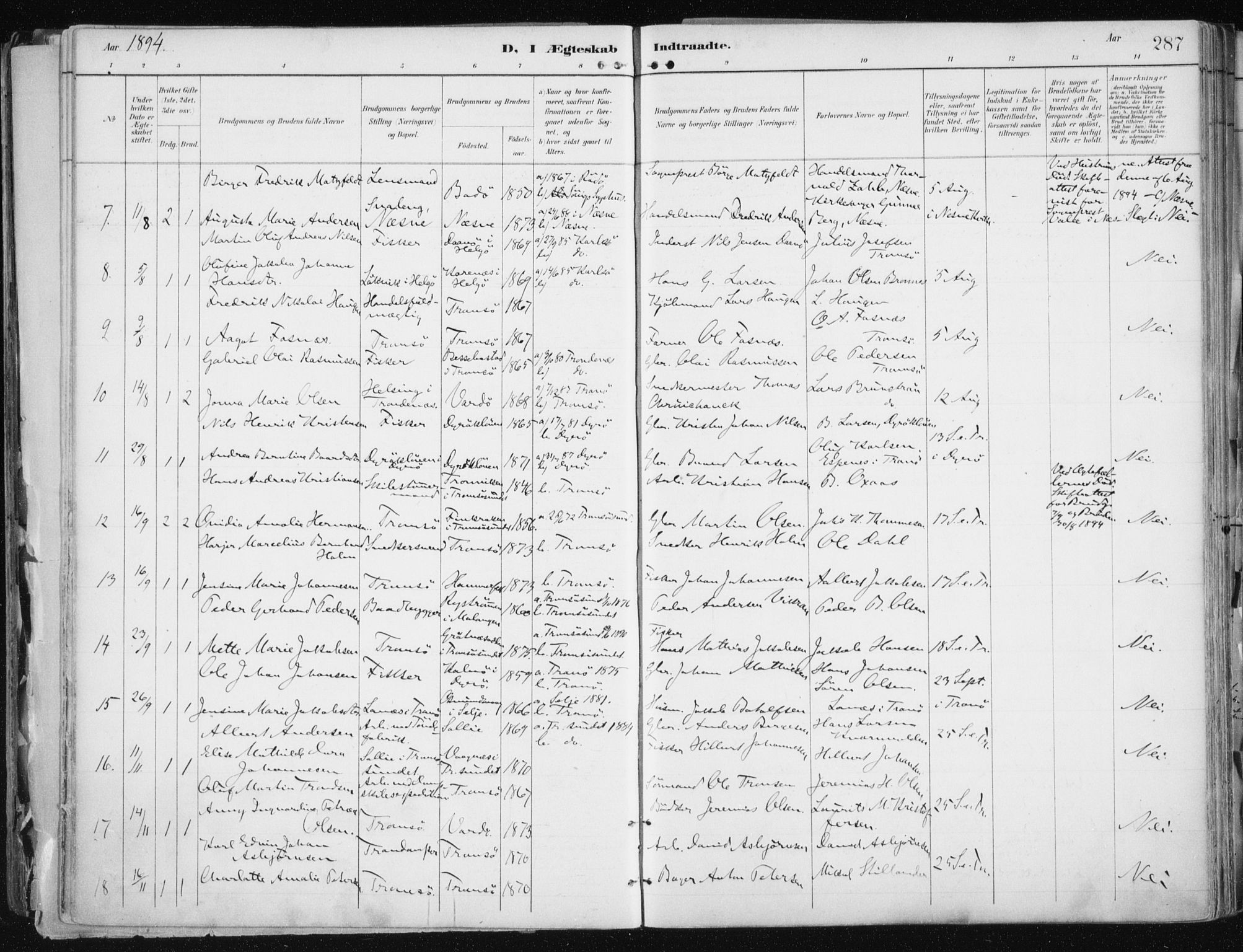 Tromsø sokneprestkontor/stiftsprosti/domprosti, AV/SATØ-S-1343/G/Ga/L0015kirke: Parish register (official) no. 15, 1889-1899, p. 287
