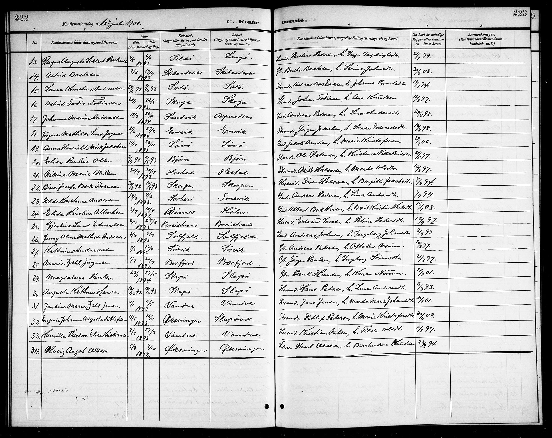 Ministerialprotokoller, klokkerbøker og fødselsregistre - Nordland, SAT/A-1459/834/L0516: Parish register (copy) no. 834C06, 1902-1918, p. 222-223