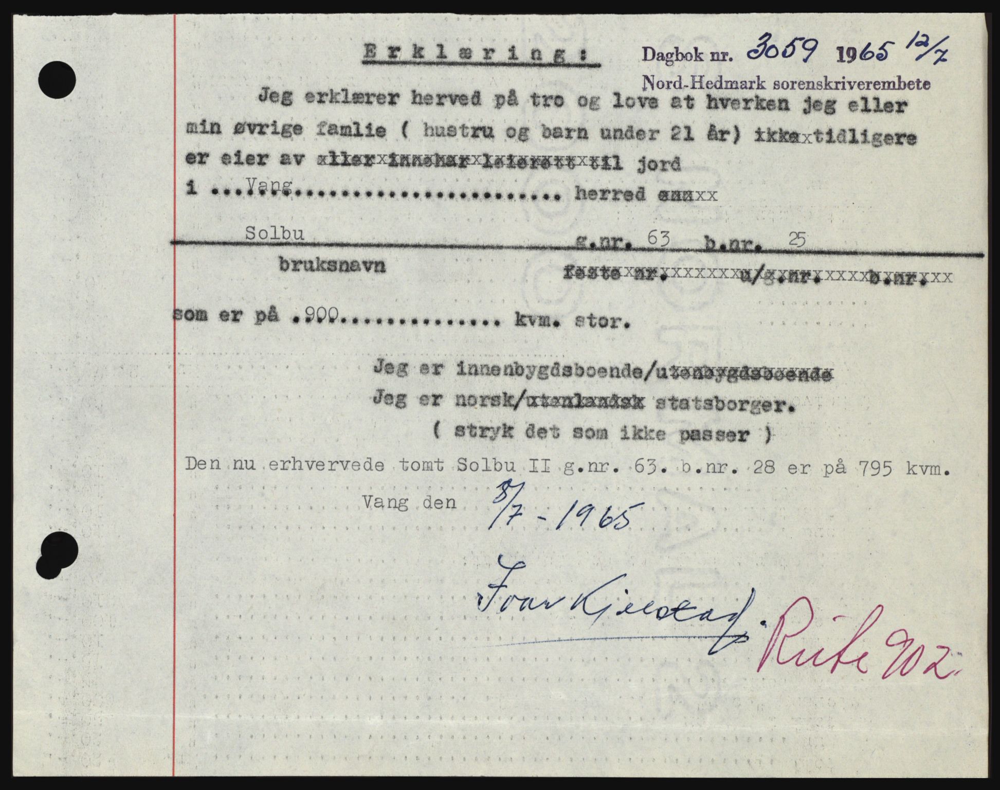 Nord-Hedmark sorenskriveri, AV/SAH-TING-012/H/Hc/L0022: Mortgage book no. 22, 1965-1965, Diary no: : 3059/1965