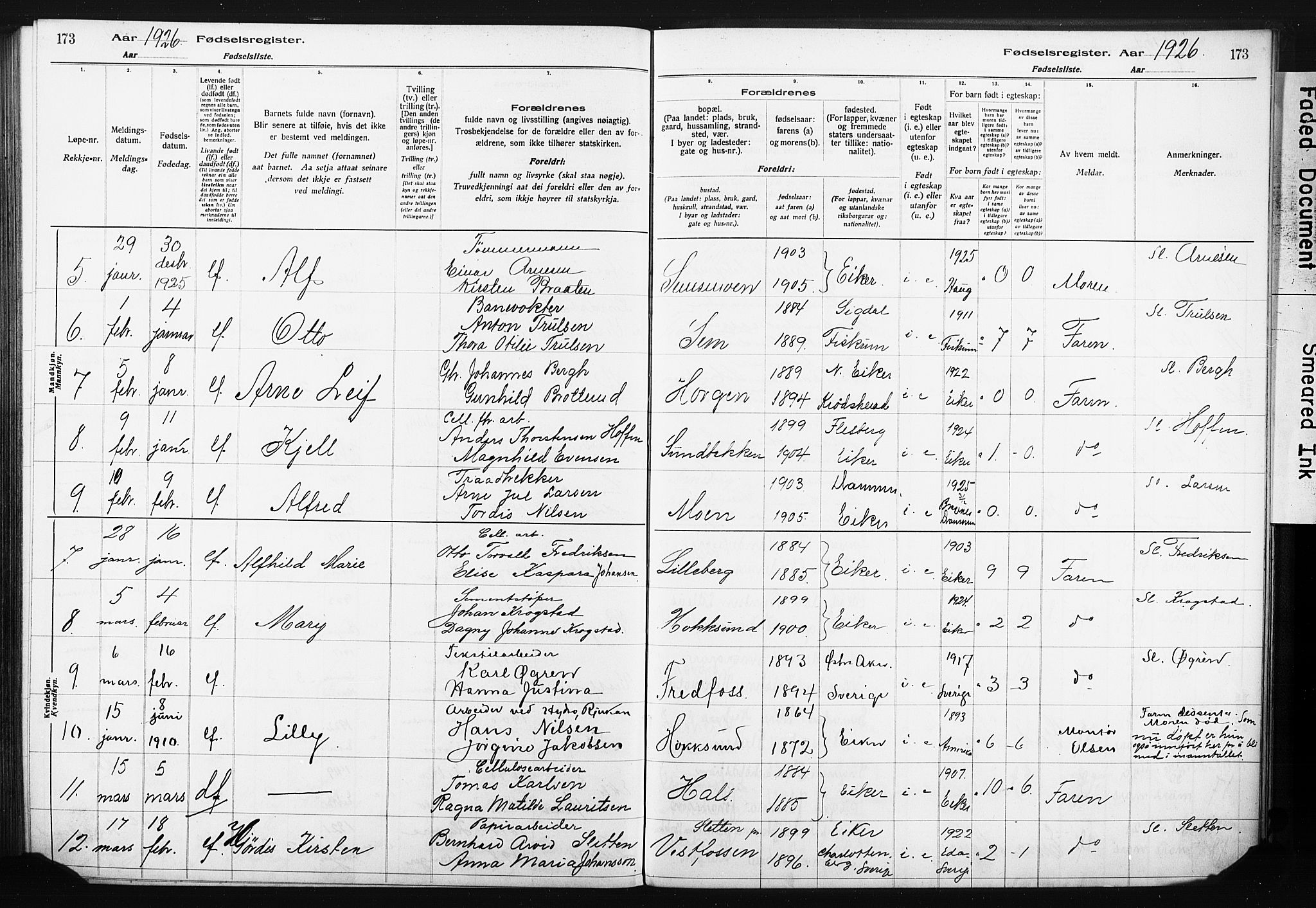 Eiker kirkebøker, AV/SAKO-A-4/J/Ja/L0001: Birth register no. I 1, 1916-1927, p. 173