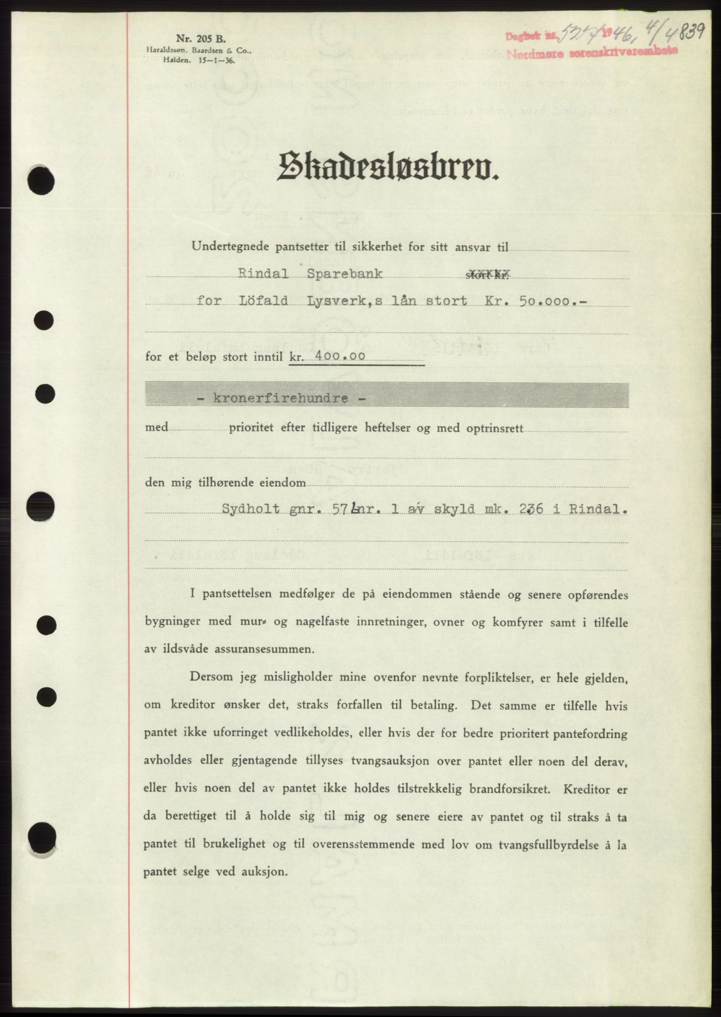 Nordmøre sorenskriveri, AV/SAT-A-4132/1/2/2Ca: Mortgage book no. B93b, 1946-1946, Diary no: : 527/1946