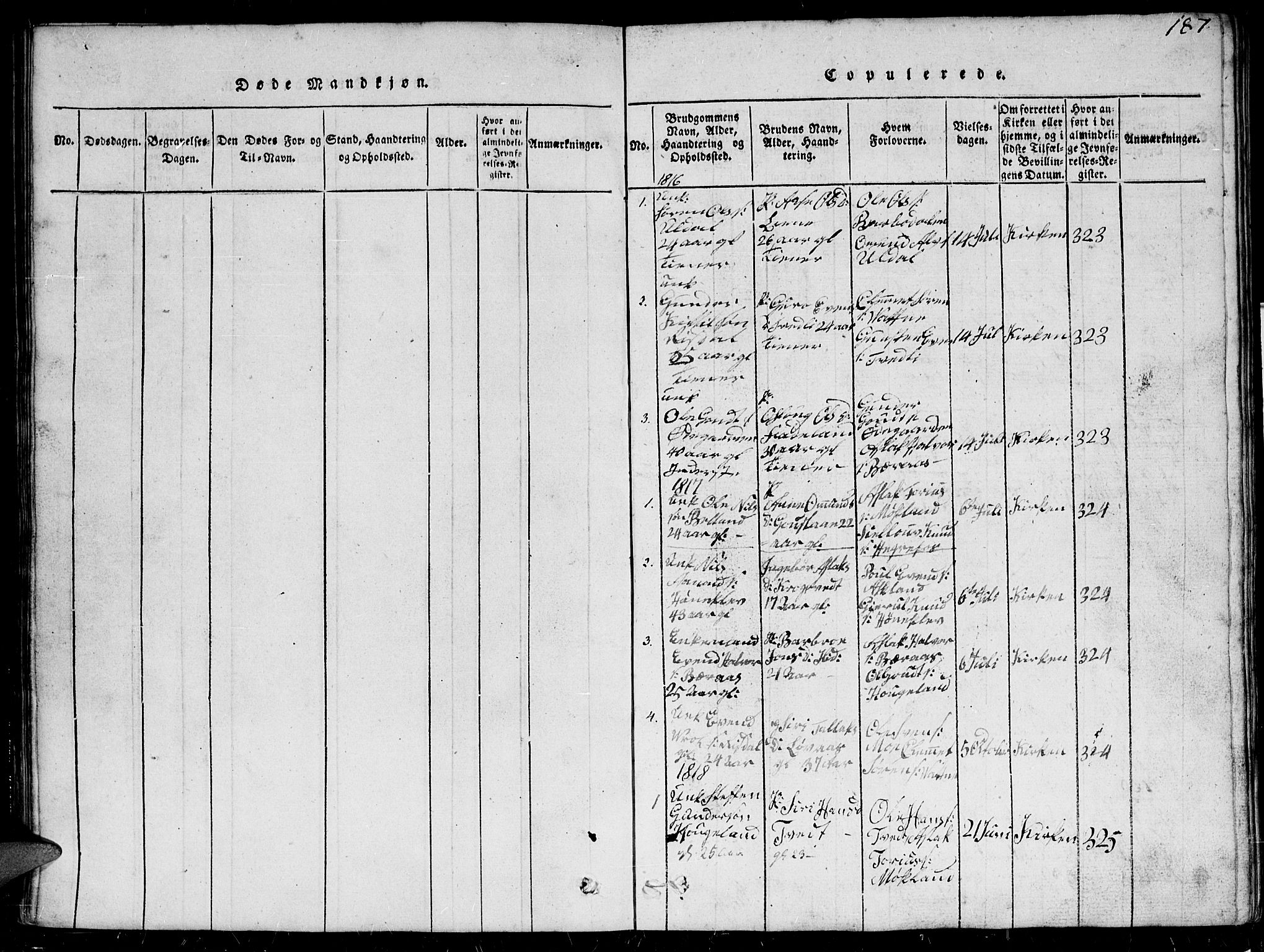 Herefoss sokneprestkontor, SAK/1111-0019/F/Fb/Fbc/L0001: Parish register (copy) no. B 1, 1816-1866, p. 187