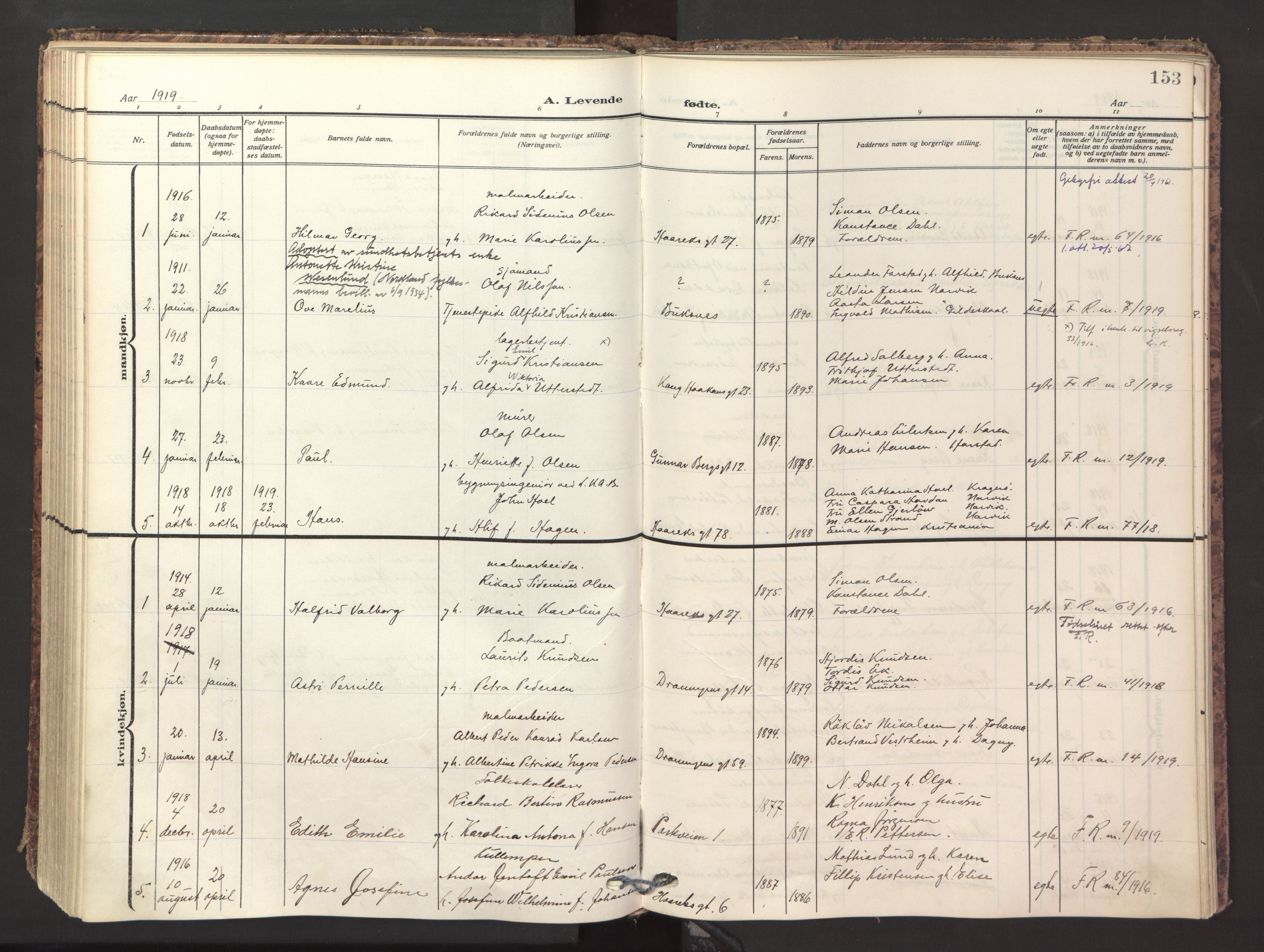 Ministerialprotokoller, klokkerbøker og fødselsregistre - Nordland, SAT/A-1459/871/L1001: Parish register (official) no. 871A17, 1911-1921, p. 153