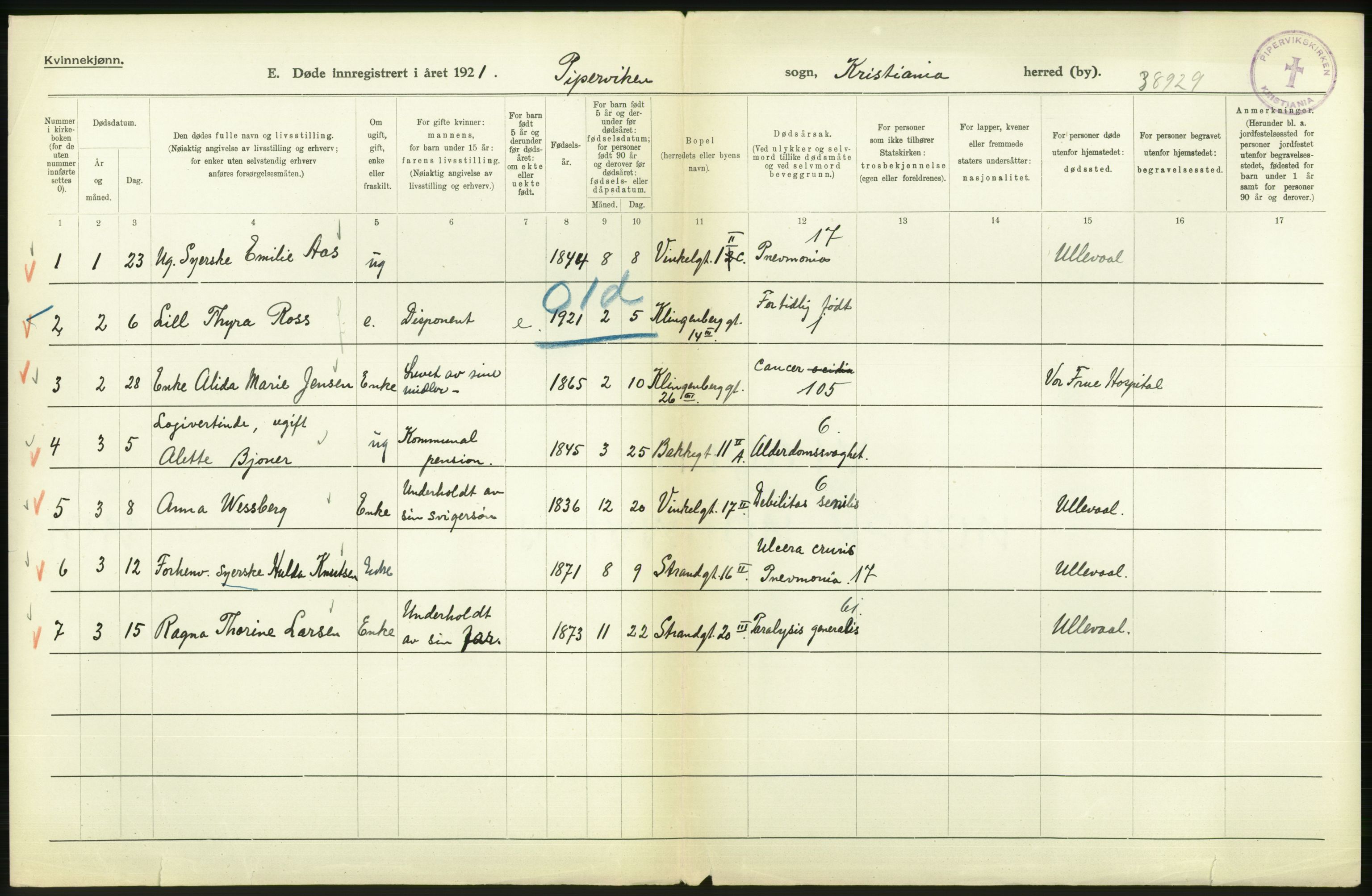 Statistisk sentralbyrå, Sosiodemografiske emner, Befolkning, AV/RA-S-2228/D/Df/Dfc/Dfca/L0013: Kristiania: Døde, dødfødte, 1921, p. 156