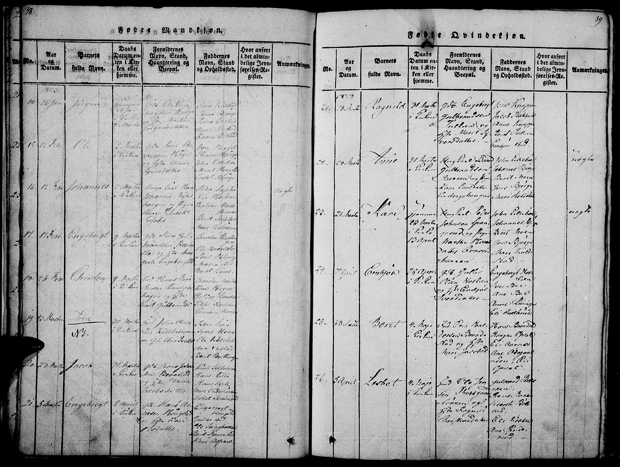 Ringebu prestekontor, AV/SAH-PREST-082/H/Ha/Haa/L0004: Parish register (official) no. 4, 1821-1839, p. 38-39