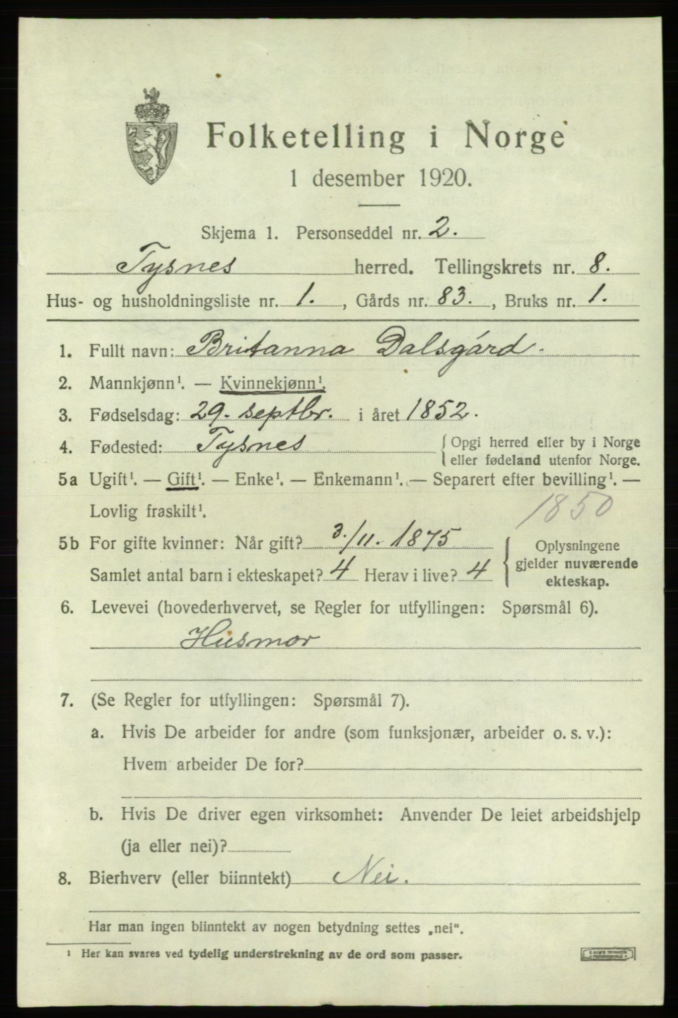 SAB, 1920 census for Tysnes, 1920, p. 5274