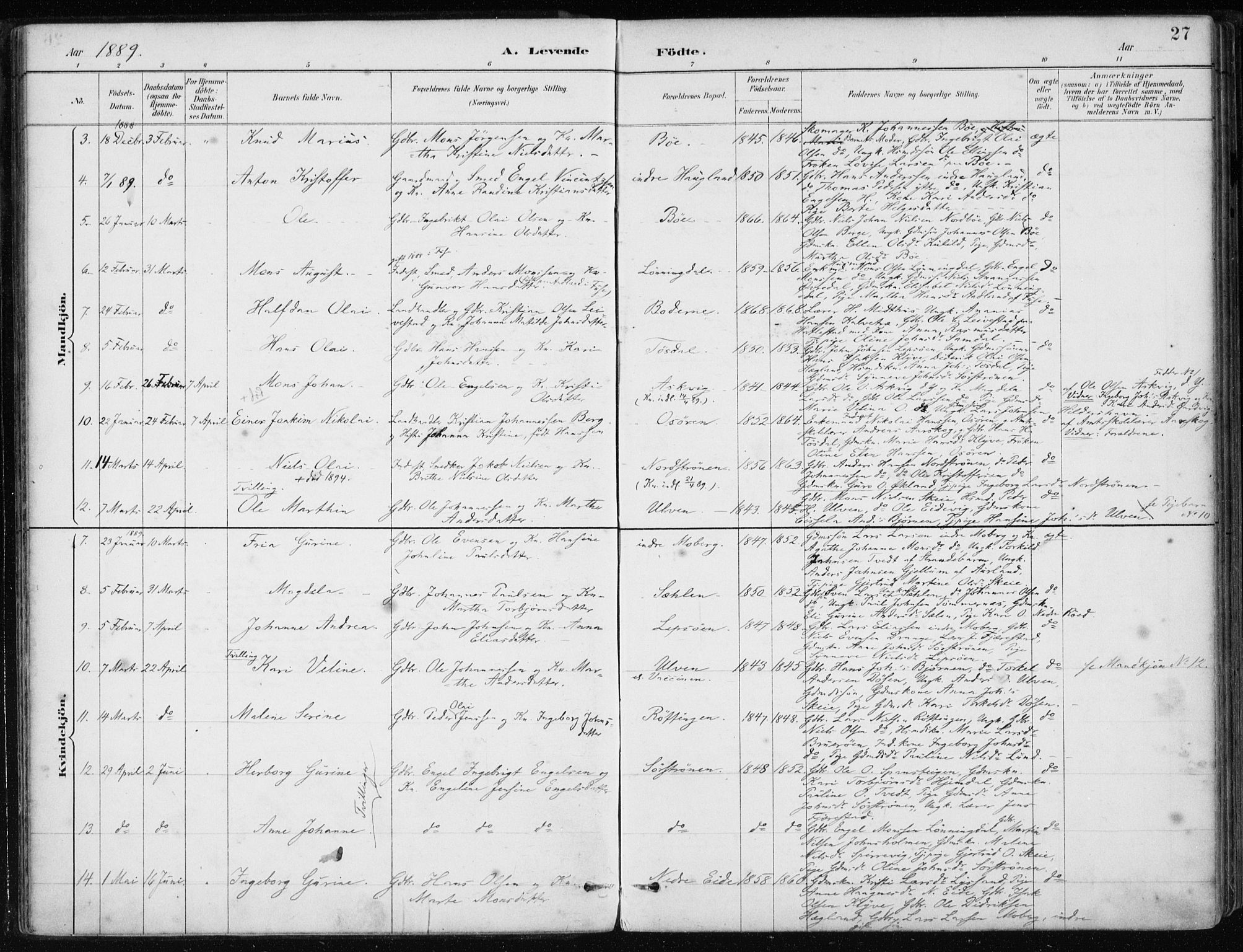 Os sokneprestembete, AV/SAB-A-99929: Parish register (official) no. B 1, 1885-1902, p. 27