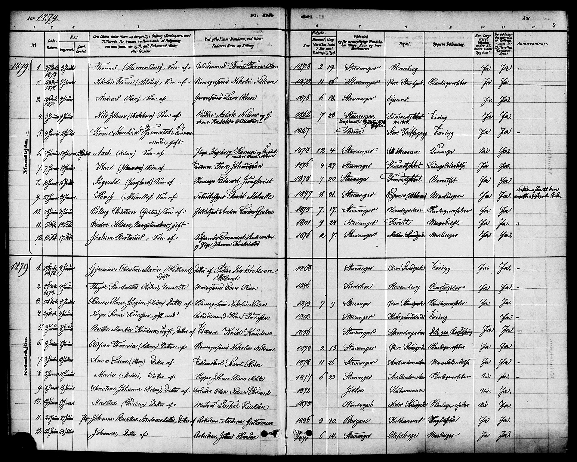 Domkirken sokneprestkontor, SAST/A-101812/001/30/30BA/L0027: Parish register (official) no. A 26, 1878-1896, p. 8
