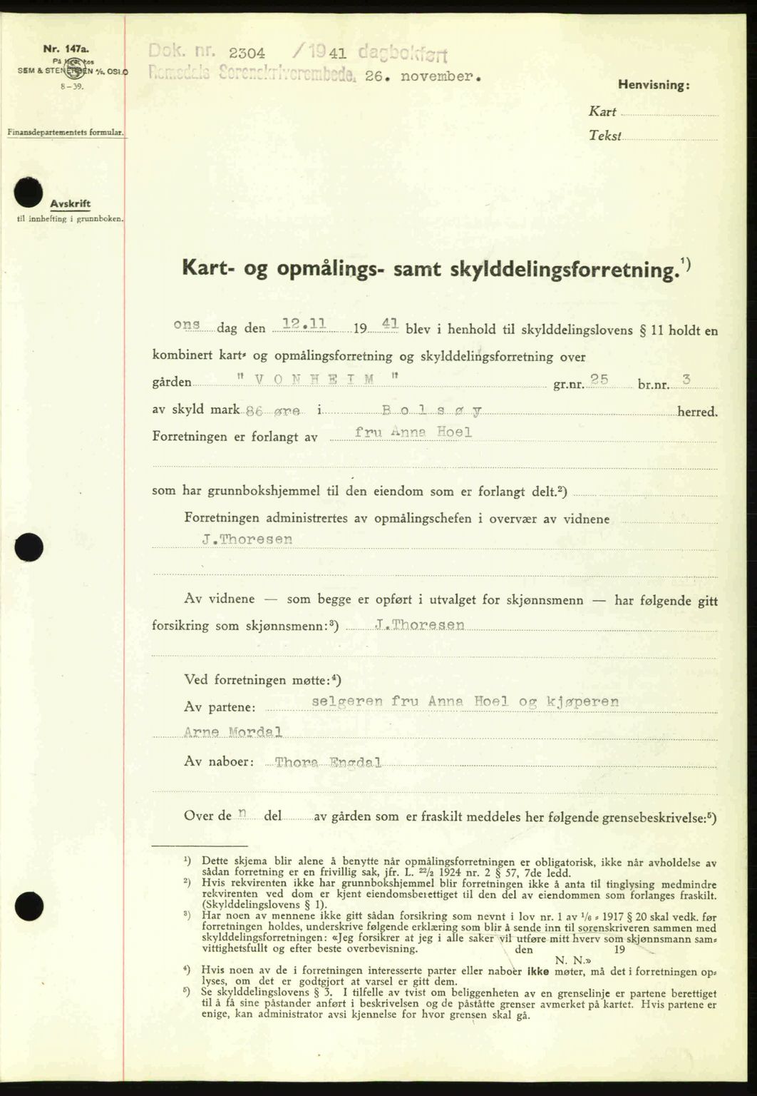 Romsdal sorenskriveri, AV/SAT-A-4149/1/2/2C: Mortgage book no. A11, 1941-1942, Diary no: : 2304/1941