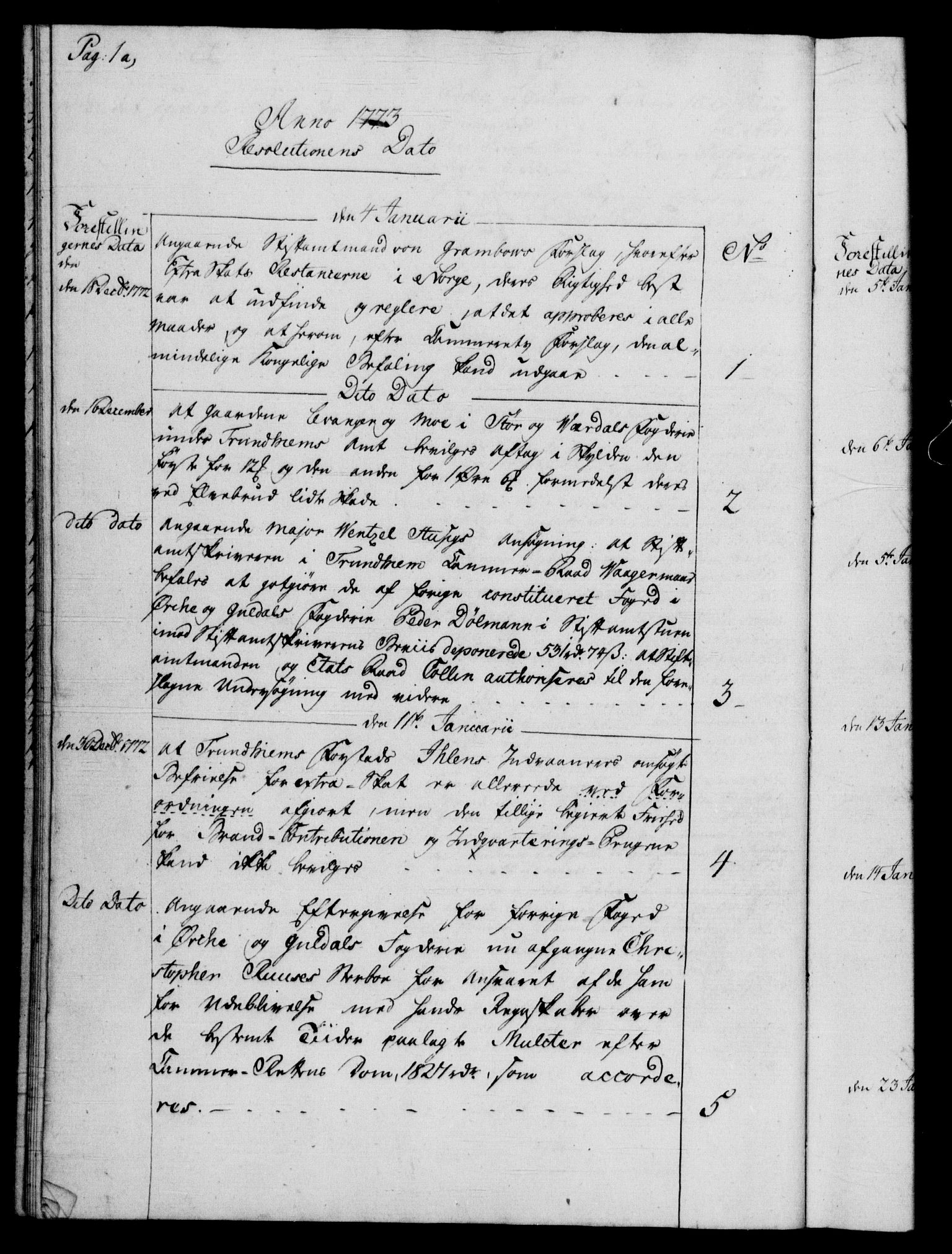 Rentekammeret, Kammerkanselliet, RA/EA-3111/G/Gf/Gfb/L0009: Register til norske relasjons- og resolusjonsprotokoller (merket RK 52.104), 1773-1780, p. 1a