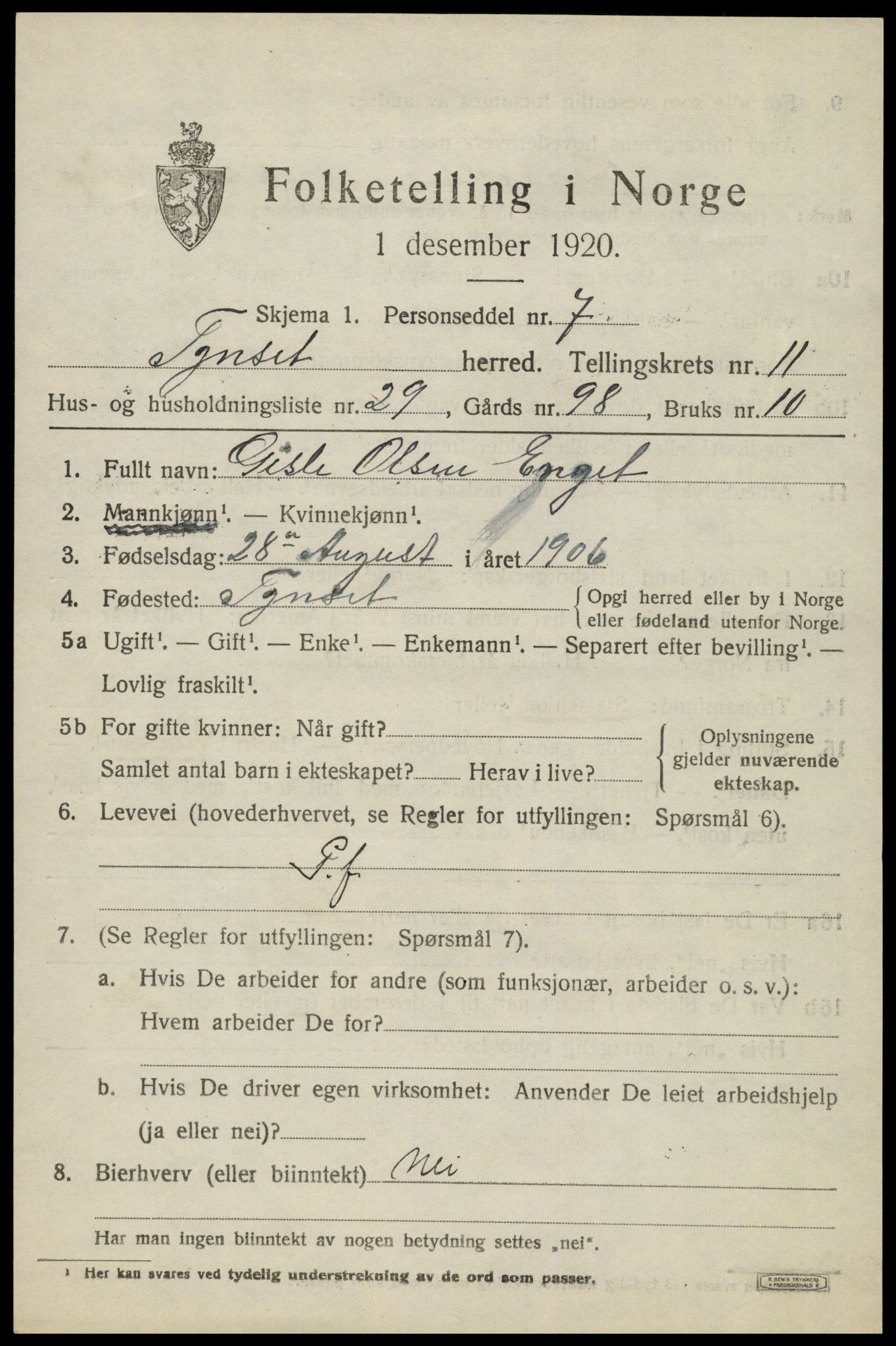 SAH, 1920 census for Tynset, 1920, p. 8300