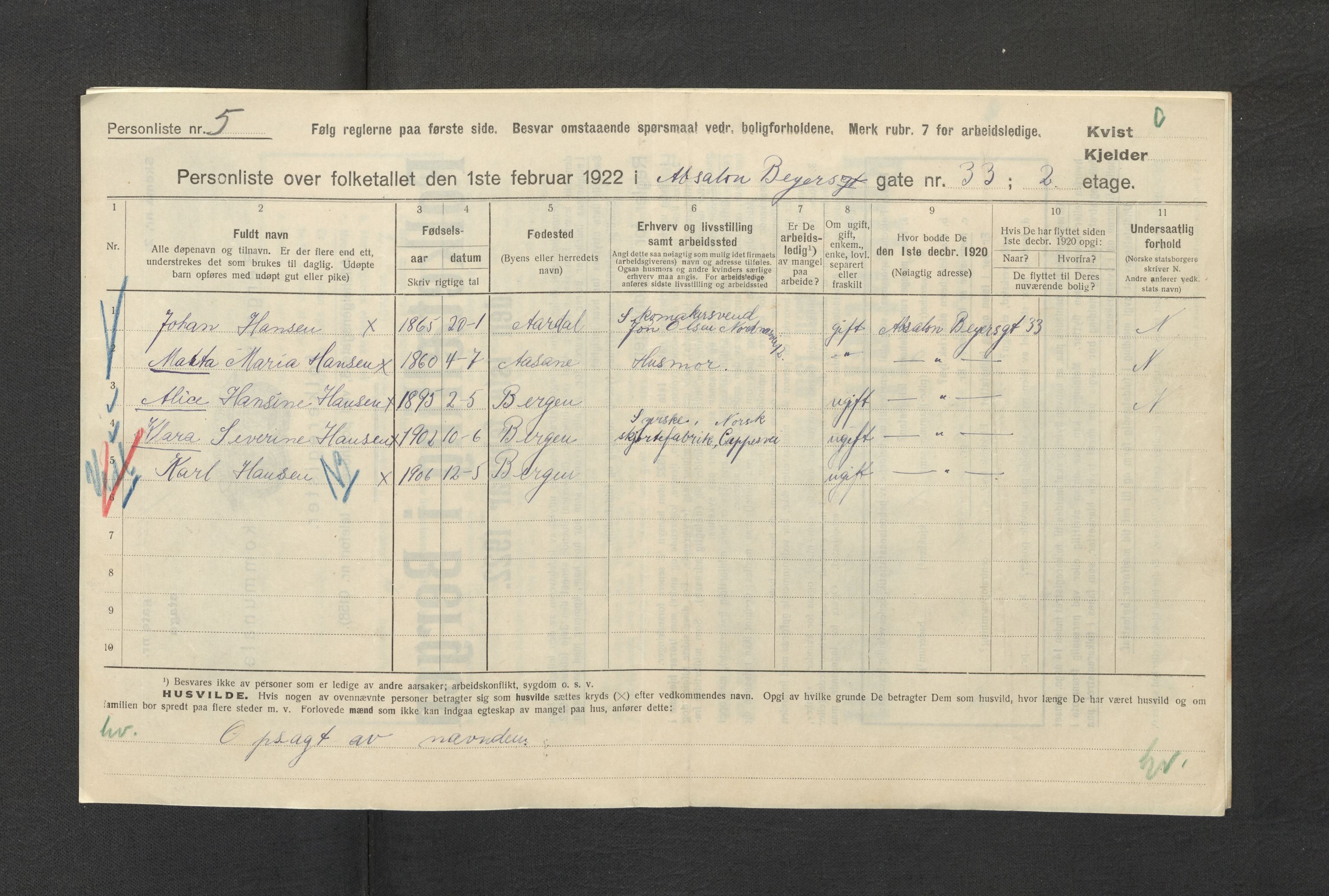 SAB, Municipal Census 1922 for Bergen, 1922, p. 620