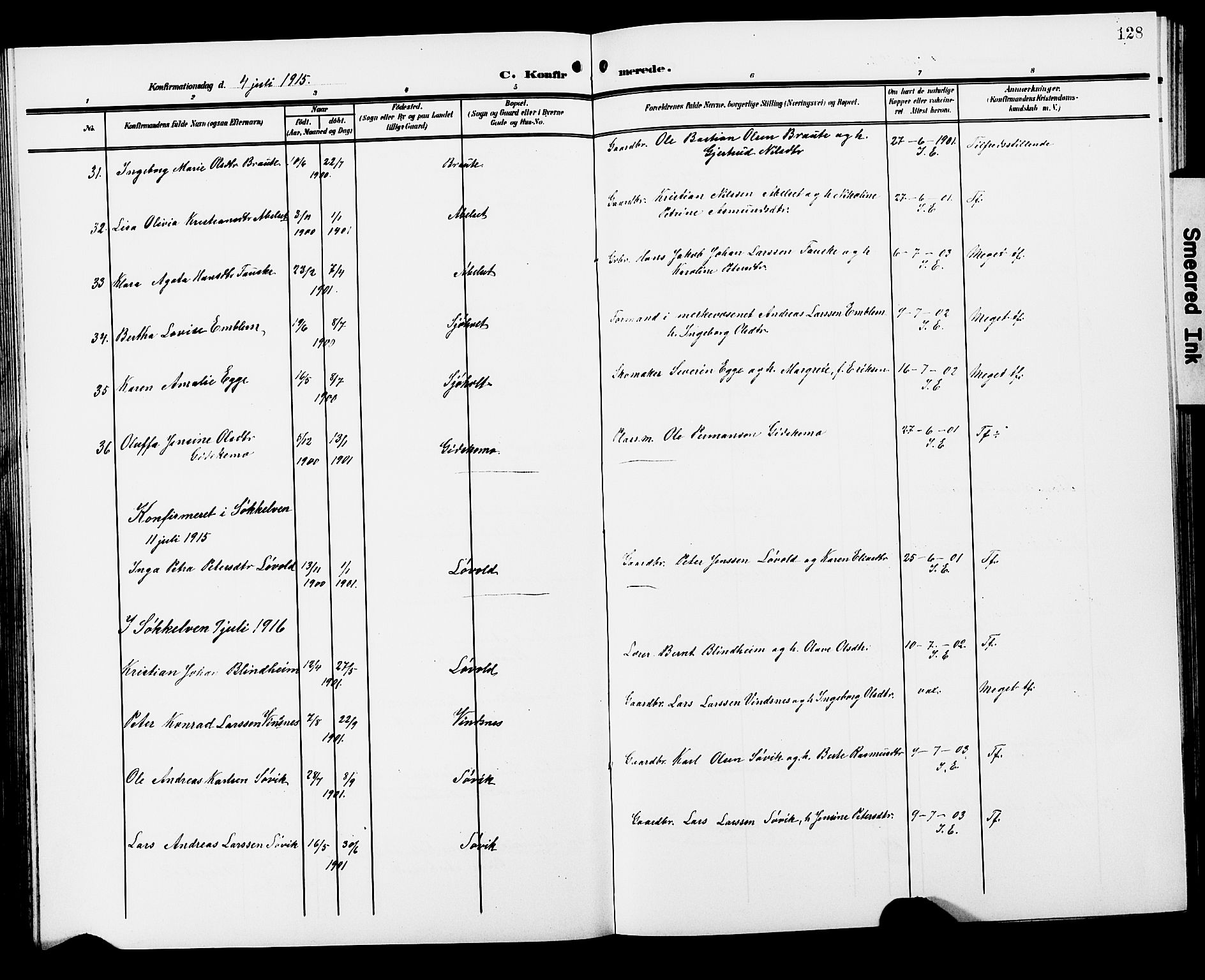 Ministerialprotokoller, klokkerbøker og fødselsregistre - Møre og Romsdal, AV/SAT-A-1454/522/L0328: Parish register (copy) no. 522C07, 1909-1925, p. 128