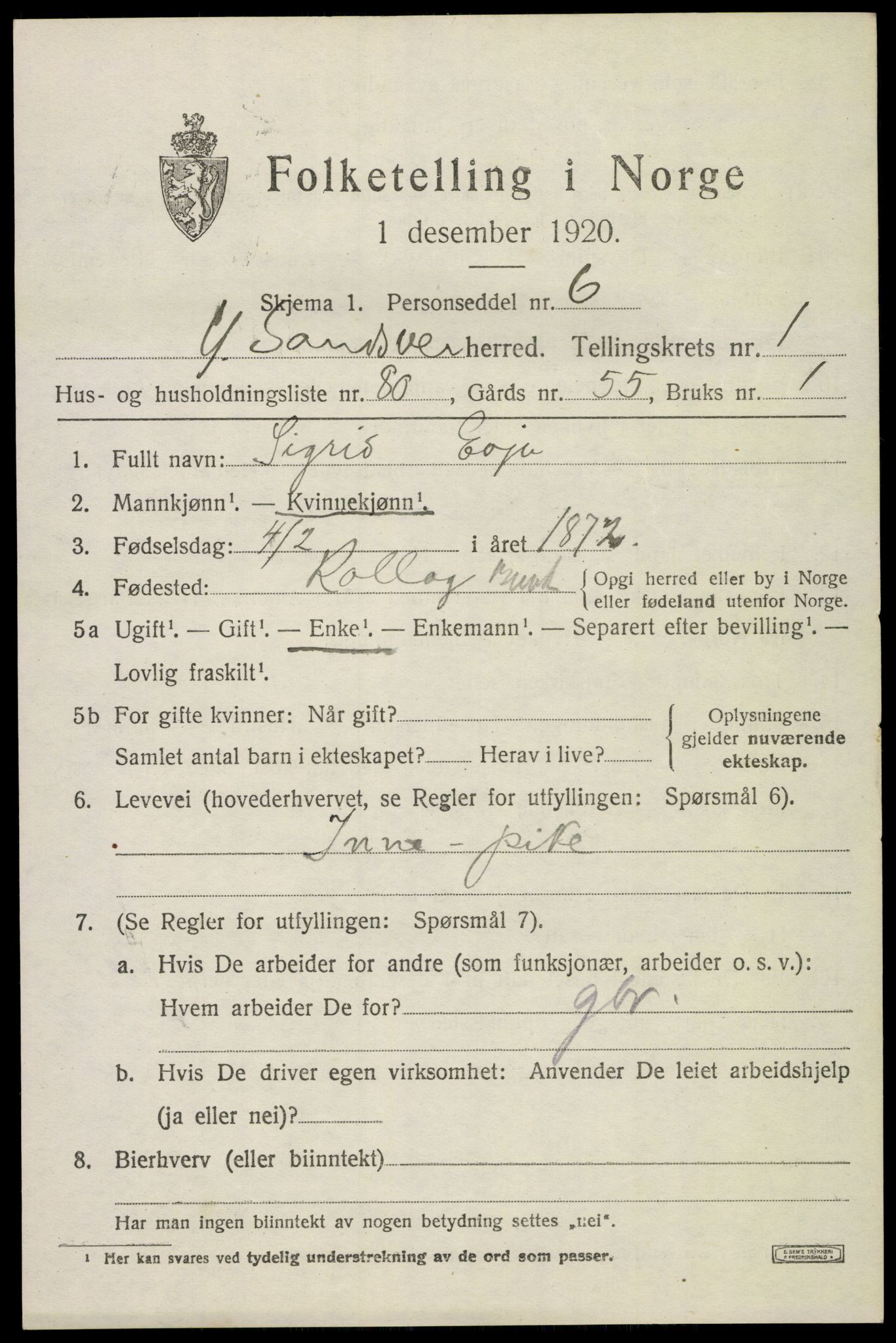 SAKO, 1920 census for Ytre Sandsvær, 1920, p. 2050