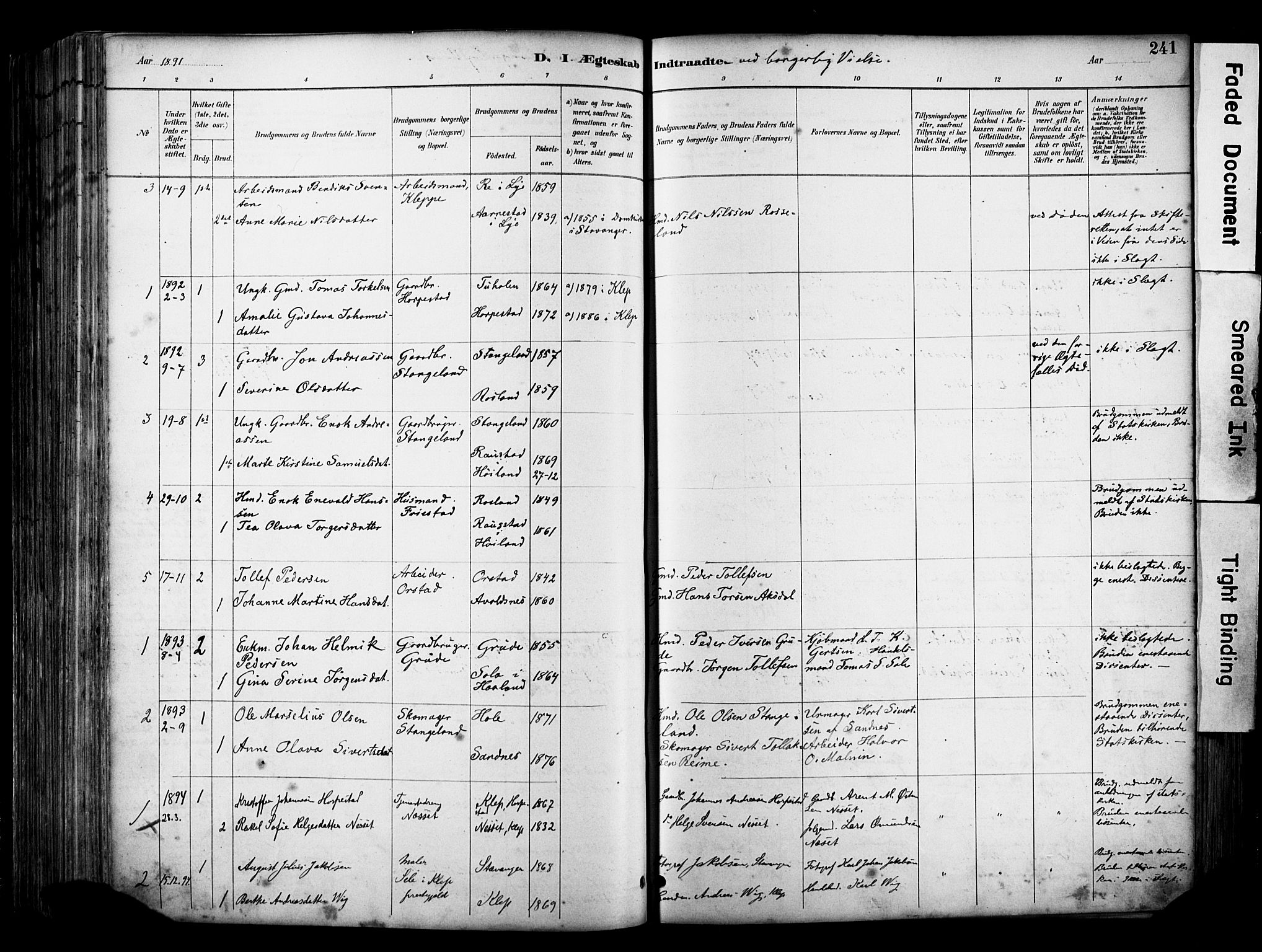 Klepp sokneprestkontor, AV/SAST-A-101803/001/3/30BA/L0009: Parish register (official) no. A 7, 1886-1915, p. 241