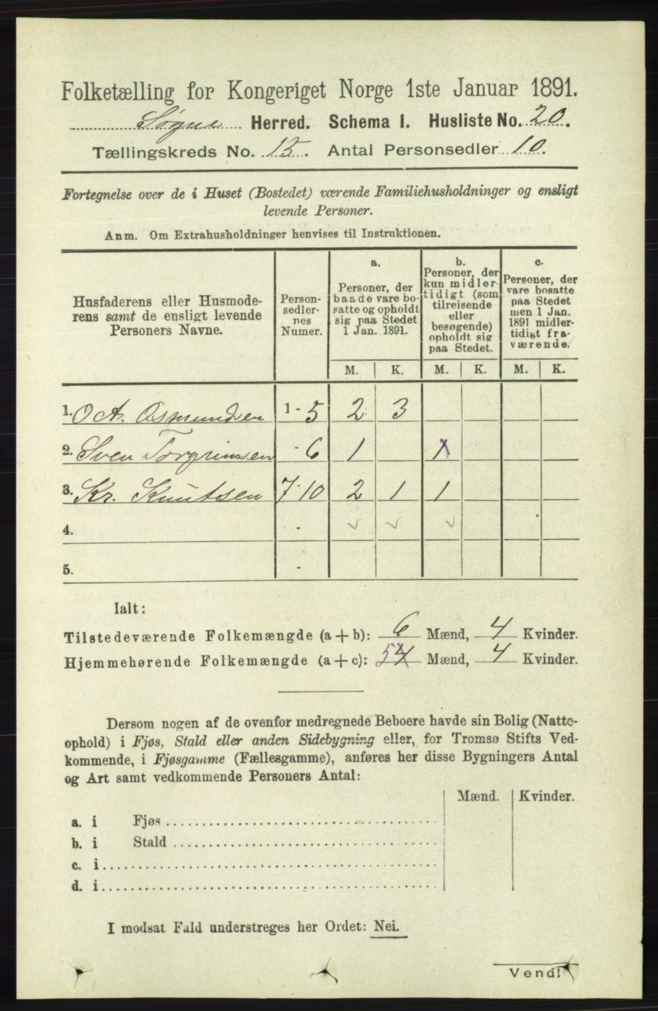 RA, 1891 census for 1018 Søgne, 1891, p. 3817
