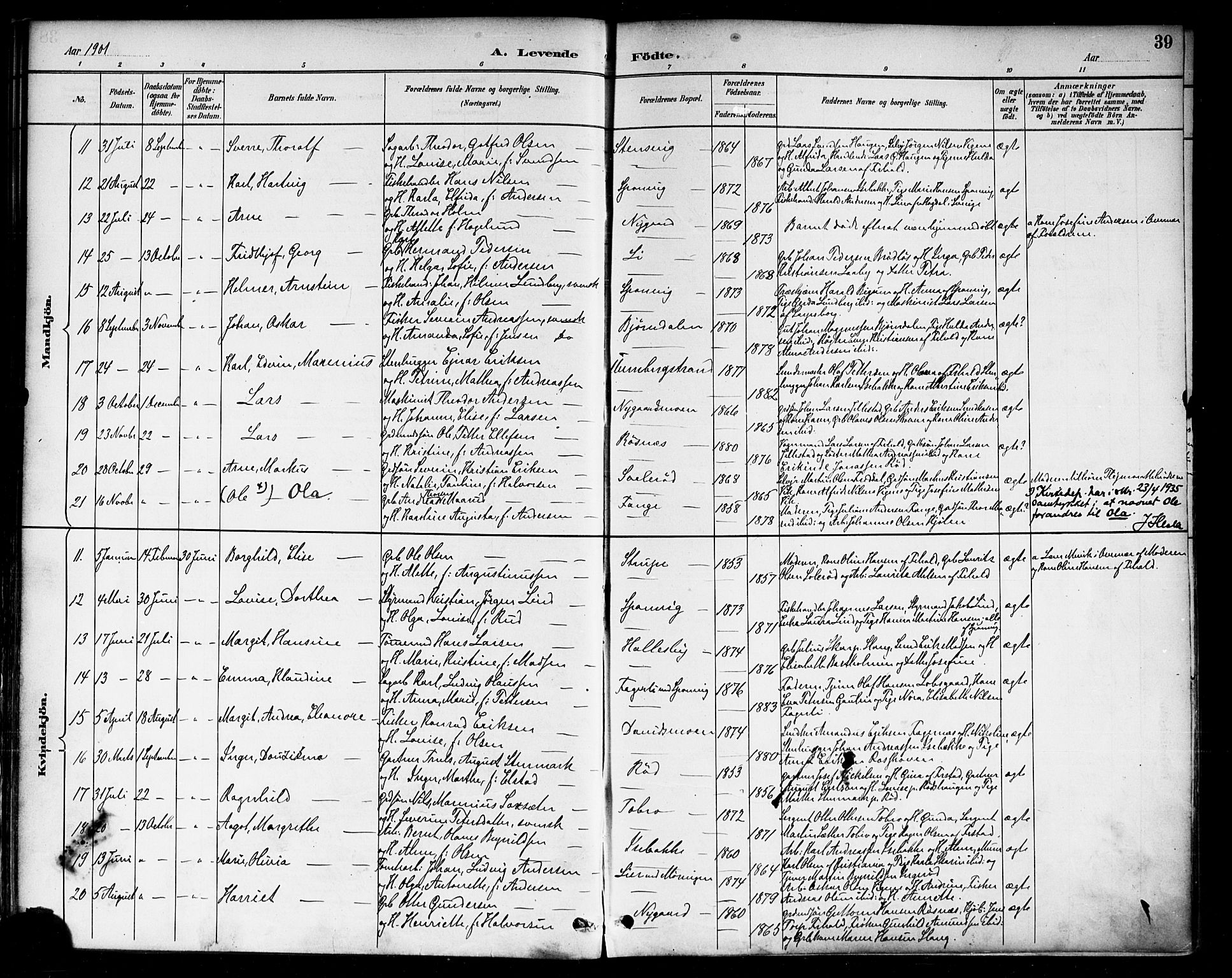 Berg prestekontor Kirkebøker, AV/SAO-A-10902/F/Fa/L0007: Parish register (official) no. I 7, 1888-1902, p. 39
