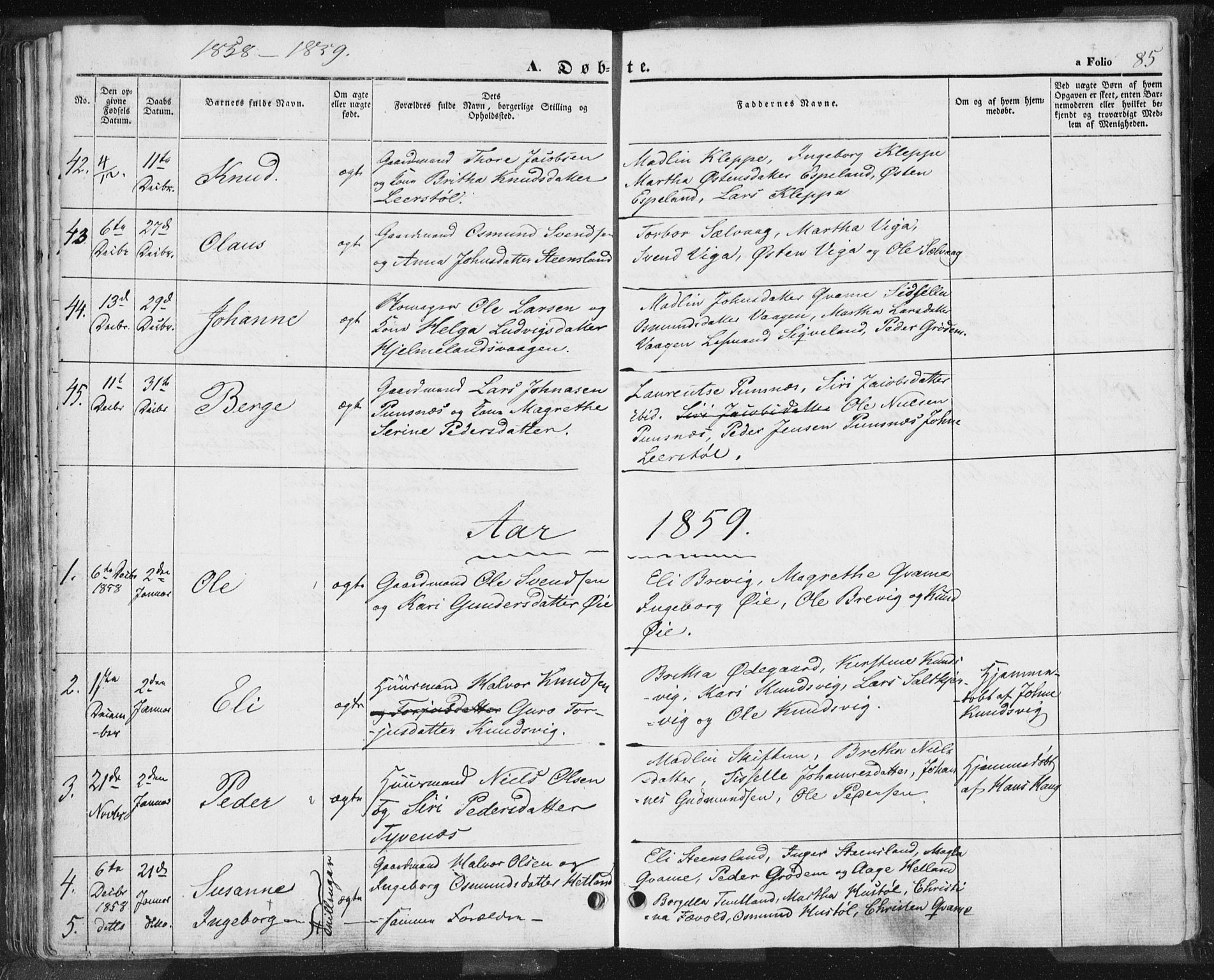 Hjelmeland sokneprestkontor, AV/SAST-A-101843/01/IV/L0009: Parish register (official) no. A 9, 1846-1860, p. 85