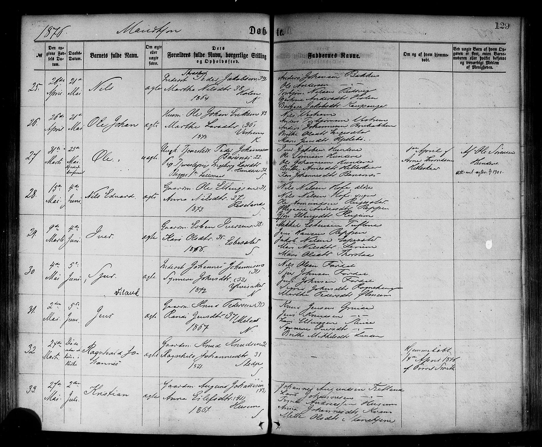 Sogndal sokneprestembete, AV/SAB-A-81301/H/Haa/Haaa/L0014: Parish register (official) no. A 14, 1864-1877, p. 129