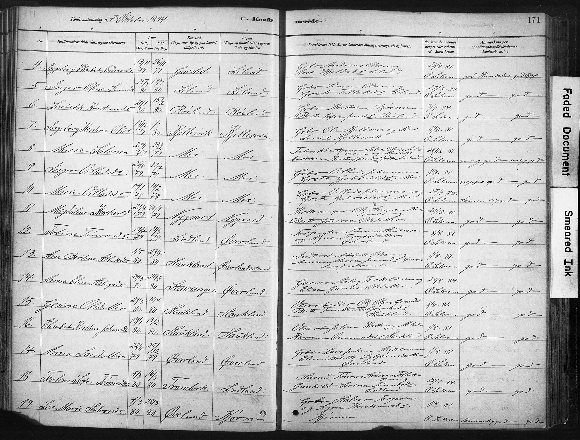 Lund sokneprestkontor, AV/SAST-A-101809/S06/L0011: Parish register (official) no. A 10, 1877-1904, p. 171