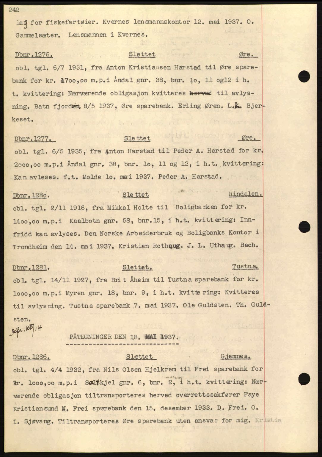 Nordmøre sorenskriveri, AV/SAT-A-4132/1/2/2Ca: Mortgage book no. C80, 1936-1939, Diary no: : 1276/1937