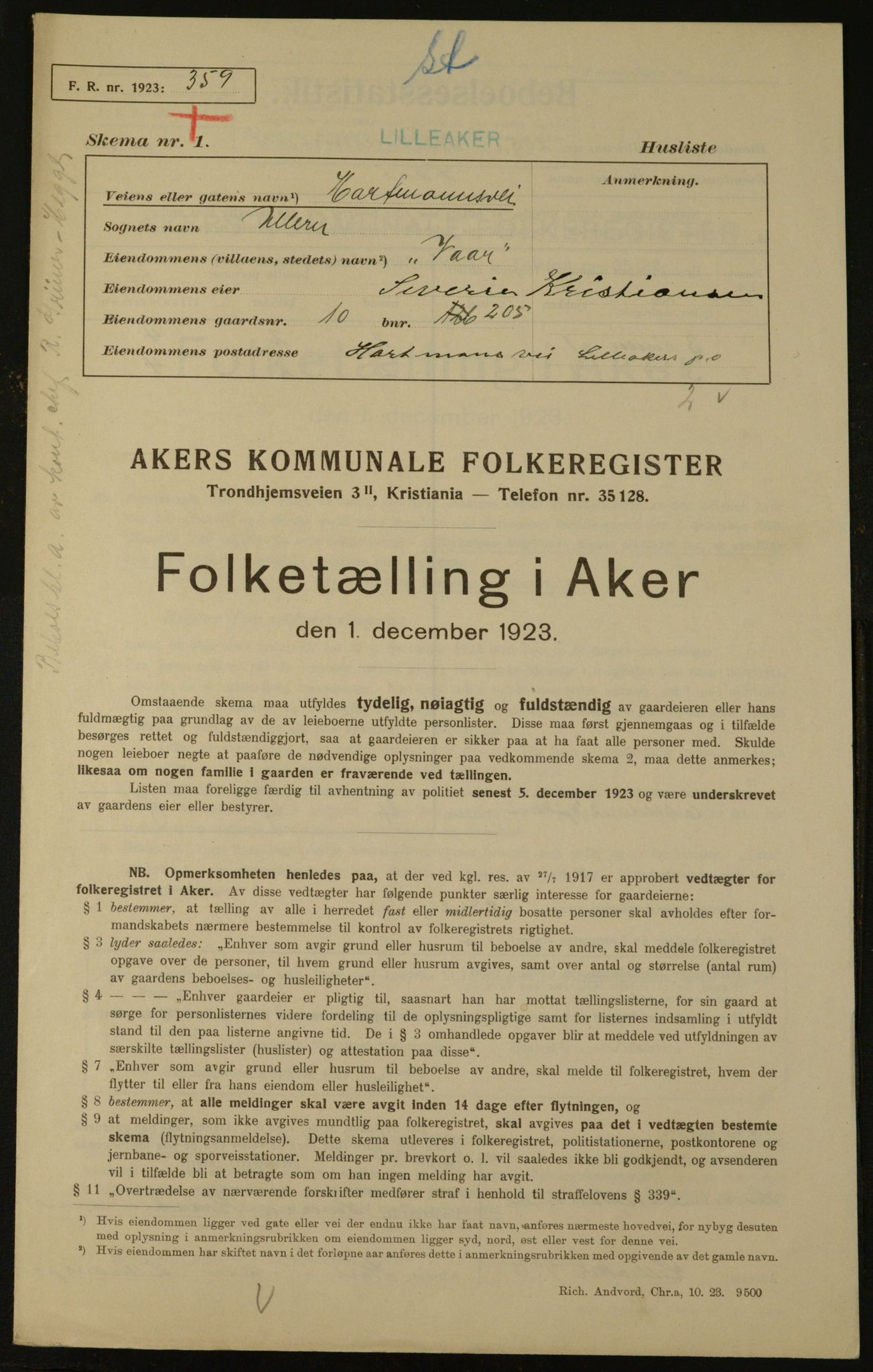 , Municipal Census 1923 for Aker, 1923, p. 2283