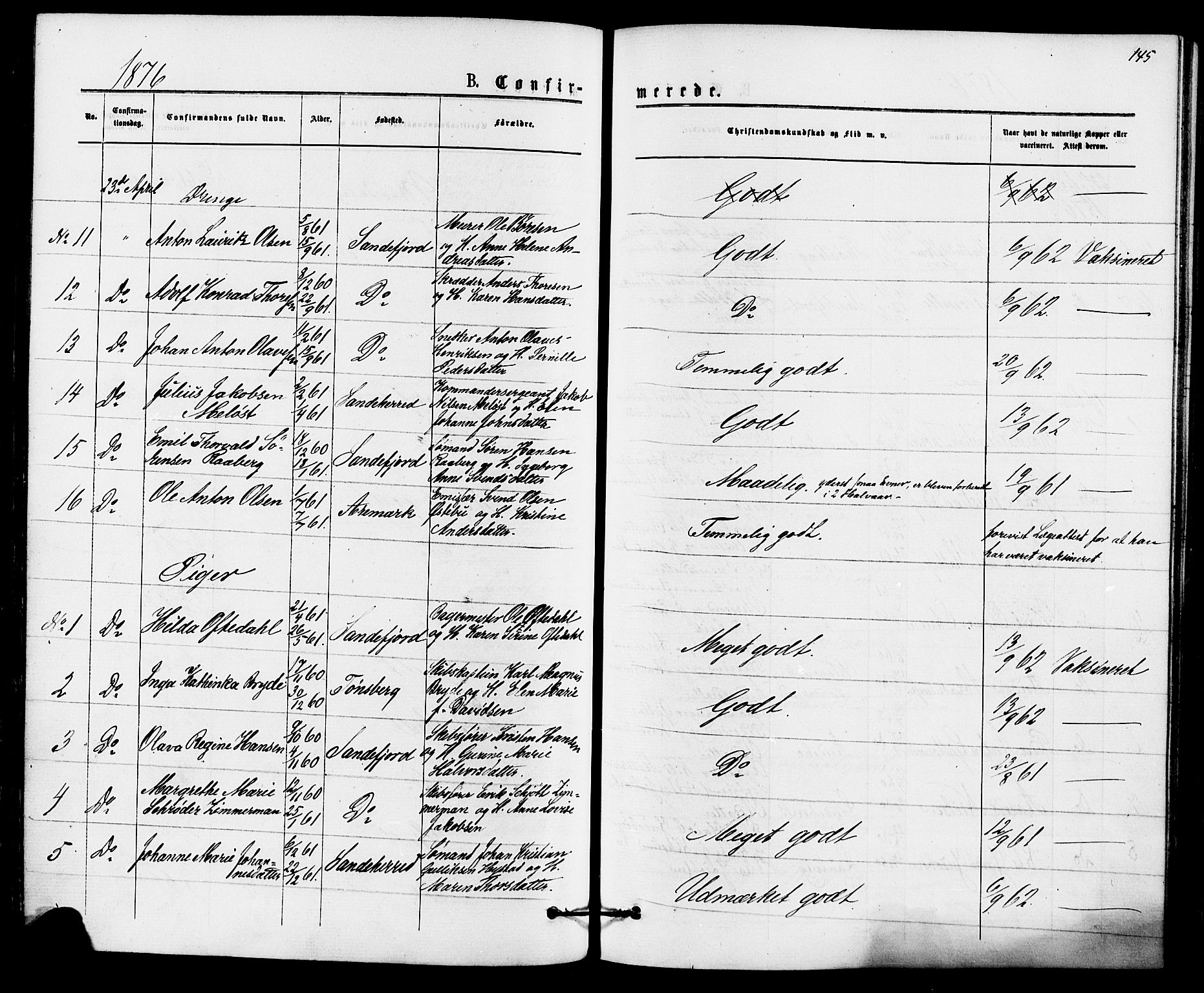 Sandefjord kirkebøker, SAKO/A-315/F/Fa/L0001: Parish register (official) no. 1, 1873-1879, p. 145