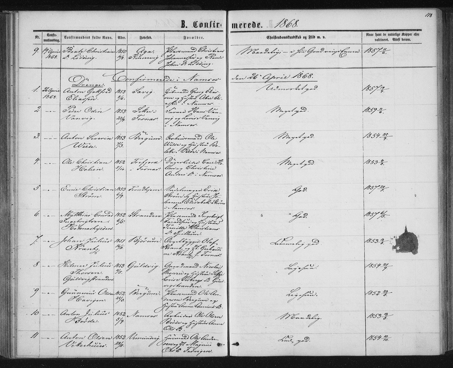 Ministerialprotokoller, klokkerbøker og fødselsregistre - Nord-Trøndelag, AV/SAT-A-1458/768/L0570: Parish register (official) no. 768A05, 1865-1874, p. 118