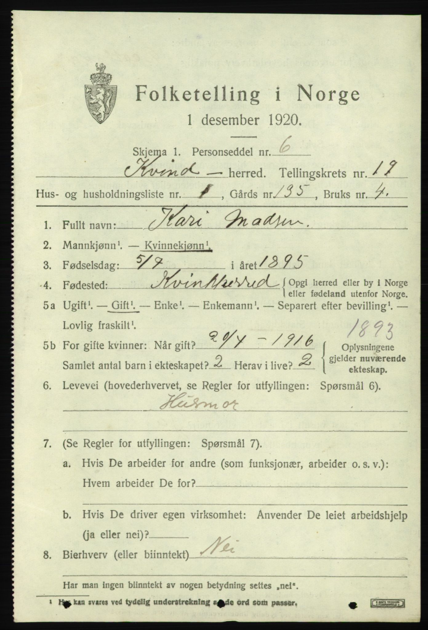 SAB, 1920 census for Kvinnherad, 1920, p. 11896