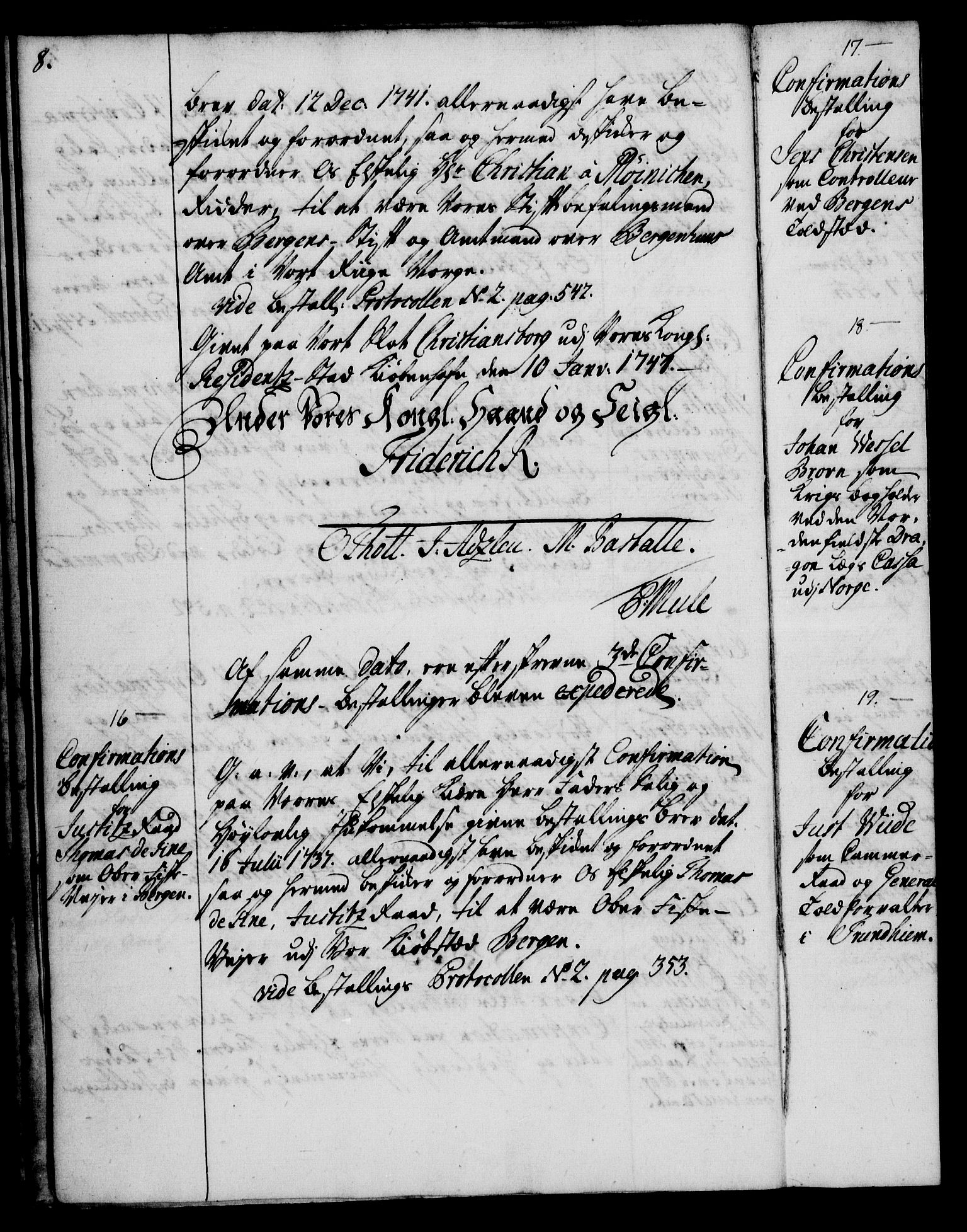 Rentekammeret, Kammerkanselliet, RA/EA-3111/G/Gg/Ggg/L0002: Norsk konfirmasjonsbestallingsprotokoll med register (merket RK 53.32), 1746-1748, p. 8
