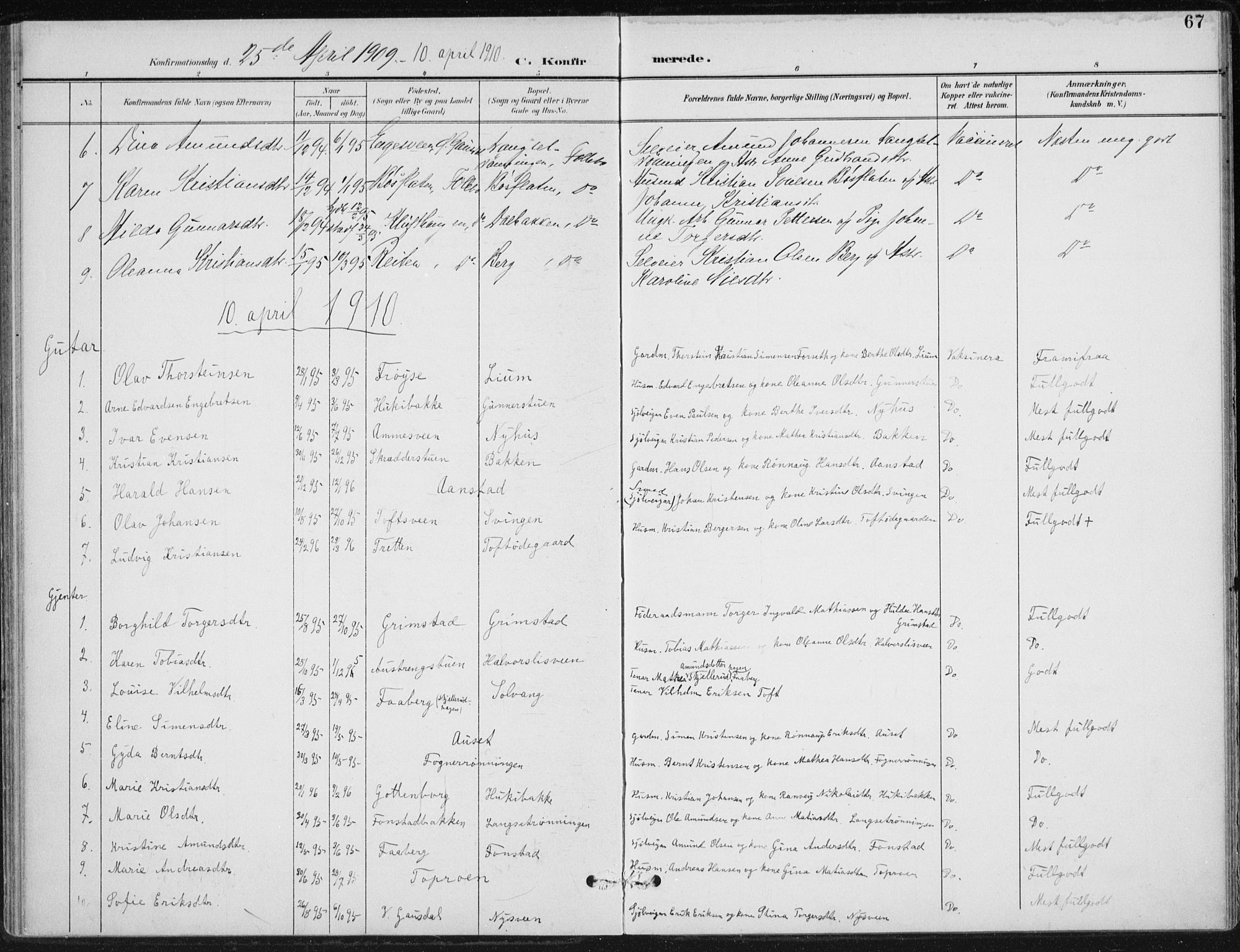 Østre Gausdal prestekontor, SAH/PREST-092/H/Ha/Haa/L0005: Parish register (official) no. 5, 1902-1920, p. 67