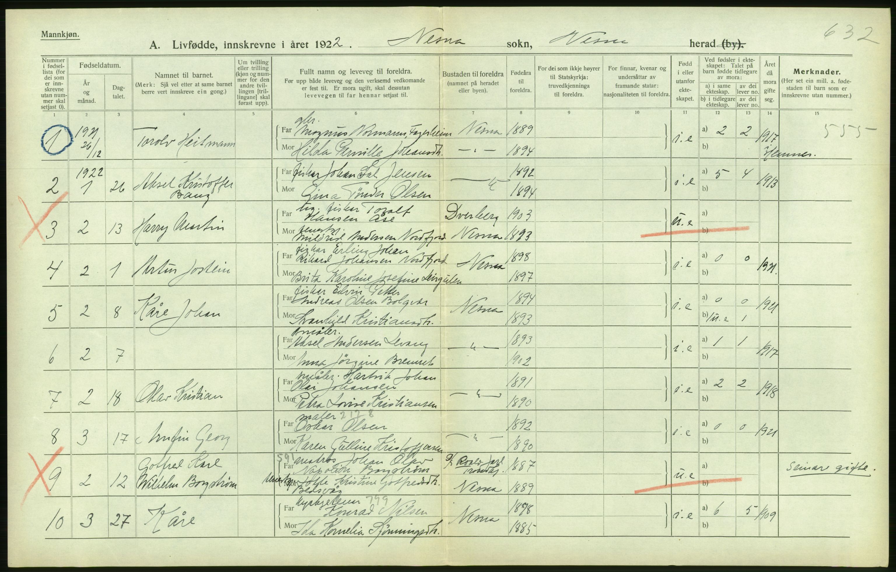 Statistisk sentralbyrå, Sosiodemografiske emner, Befolkning, RA/S-2228/D/Df/Dfc/Dfcb/L0044: Nordland fylke: Levendefødte menn og kvinner. Bygder og byer., 1922, p. 216