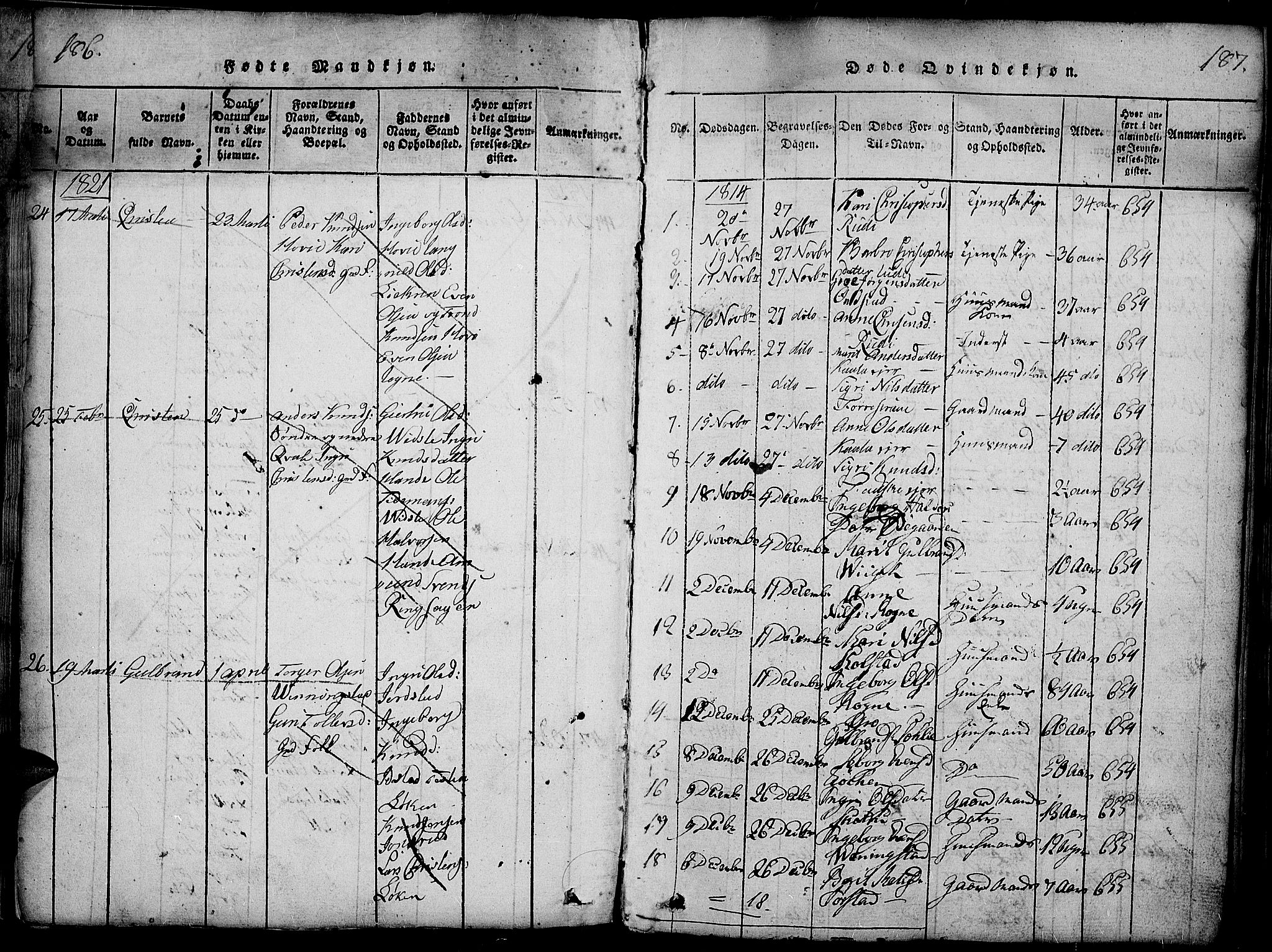 Slidre prestekontor, SAH/PREST-134/H/Ha/Haa/L0002: Parish register (official) no. 2, 1814-1830, p. 186-187