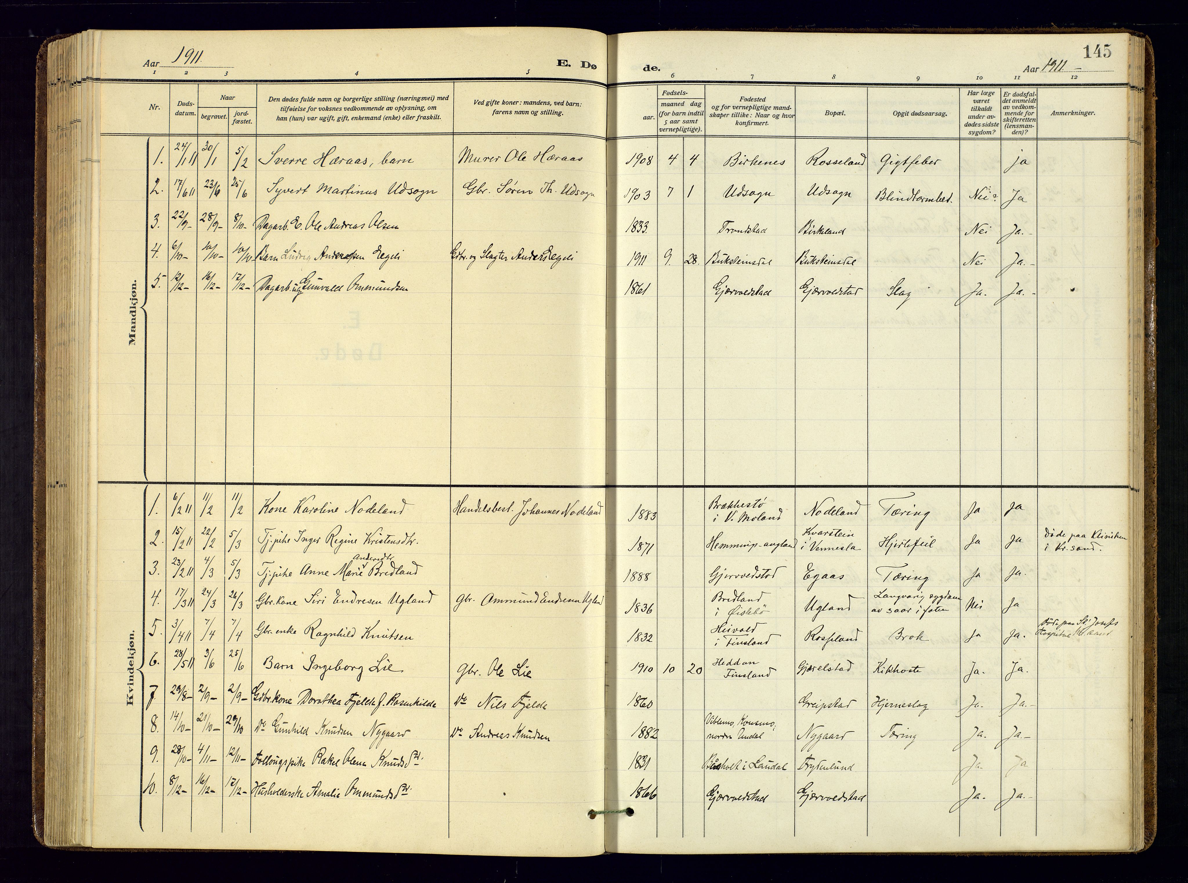 Søgne sokneprestkontor, SAK/1111-0037/F/Fa/Faa/L0004: Parish register (official) no. A-4, 1911-1945, p. 145