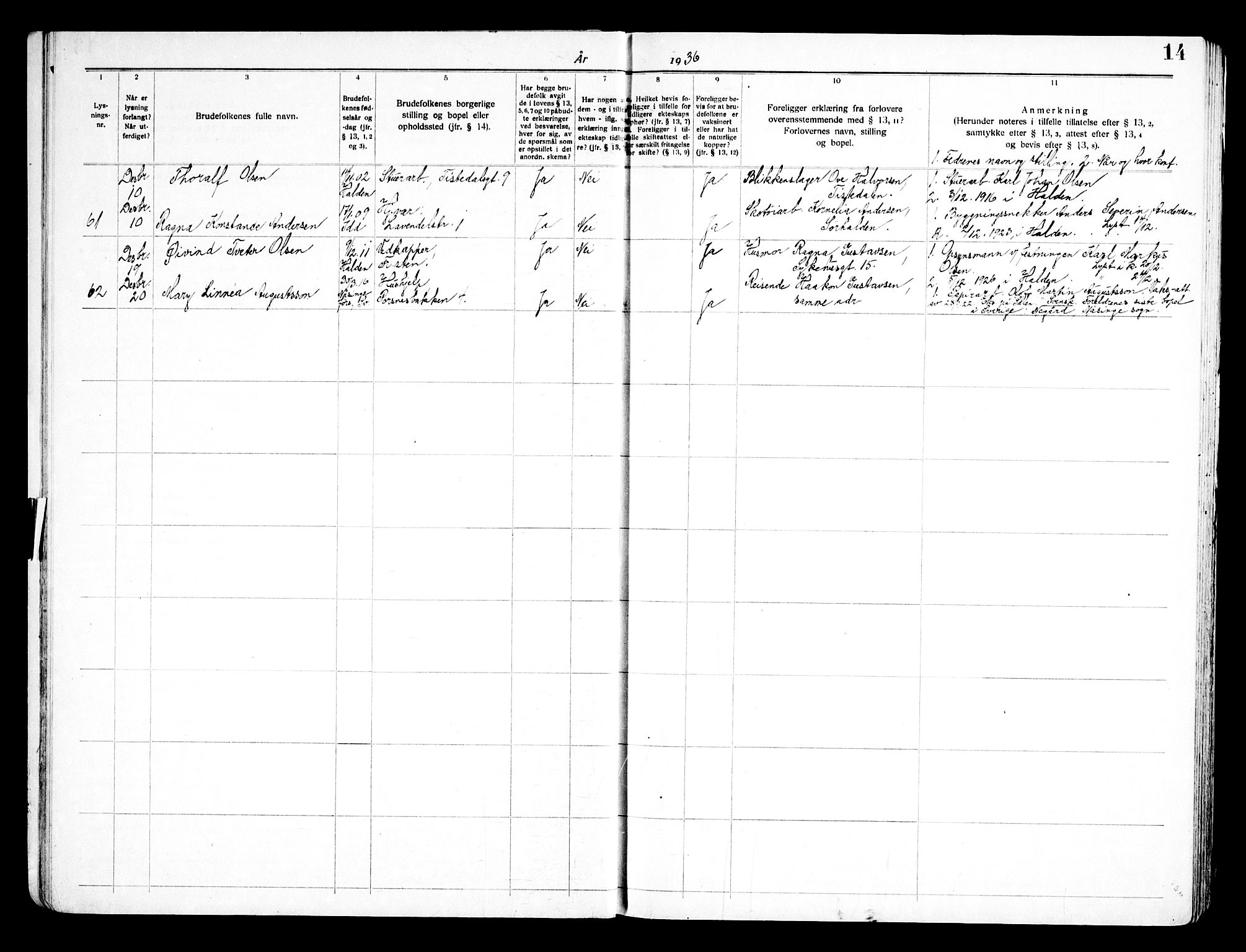 Halden prestekontor Kirkebøker, AV/SAO-A-10909/H/Ha/L0002: Banns register no. I 2, 1935-1949, p. 14