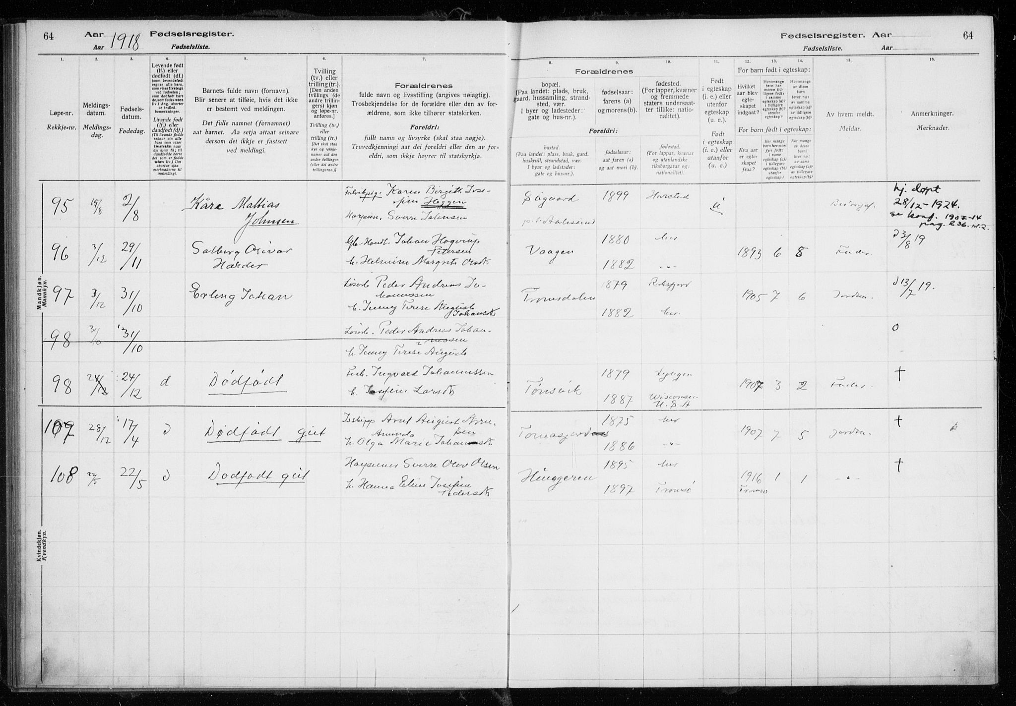 Tromsøysund sokneprestkontor, AV/SATØ-S-1304/H/Ha/L0079: Birth register no. 79, 1916-1924, p. 64