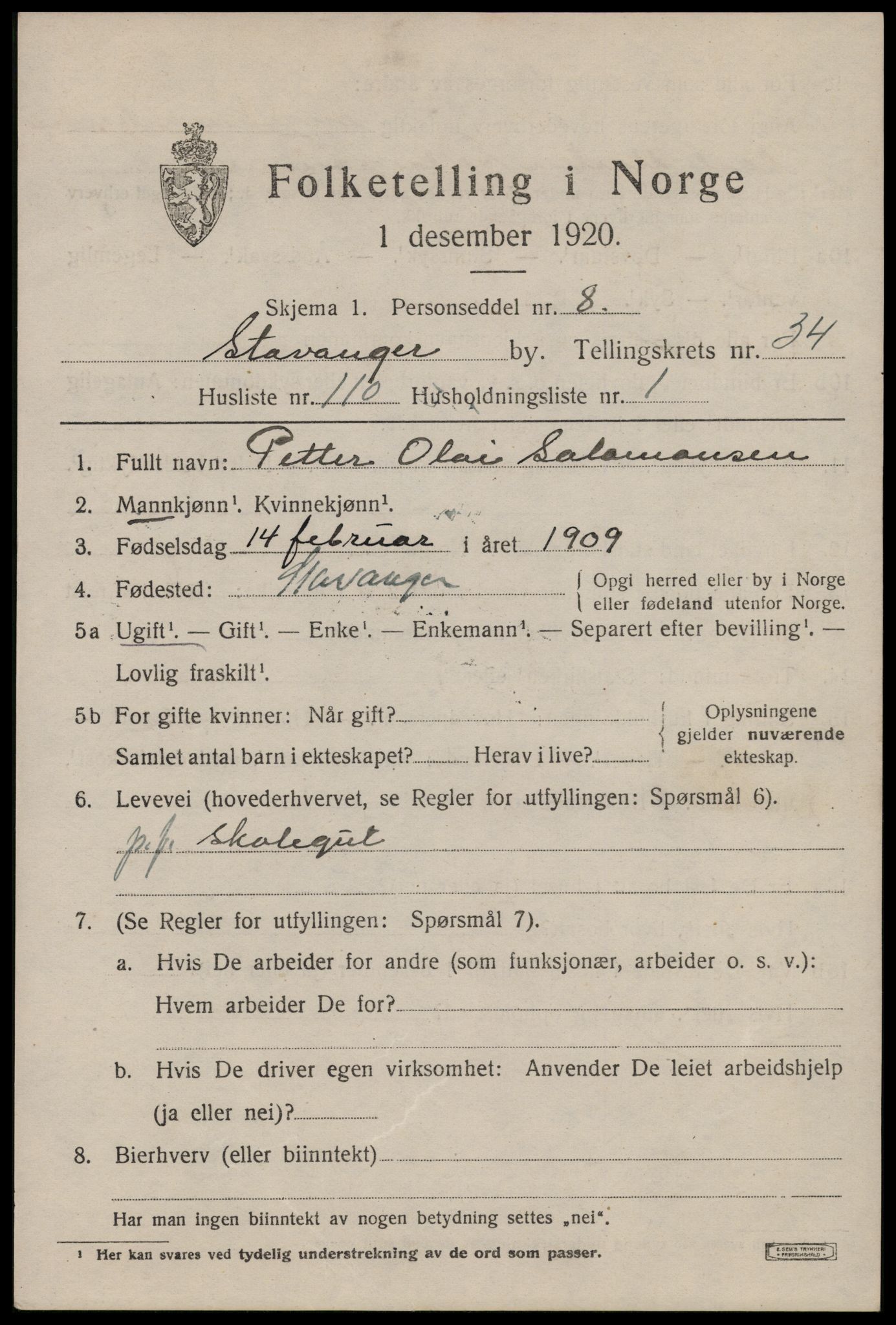 SAST, 1920 census for Stavanger, 1920, p. 93960